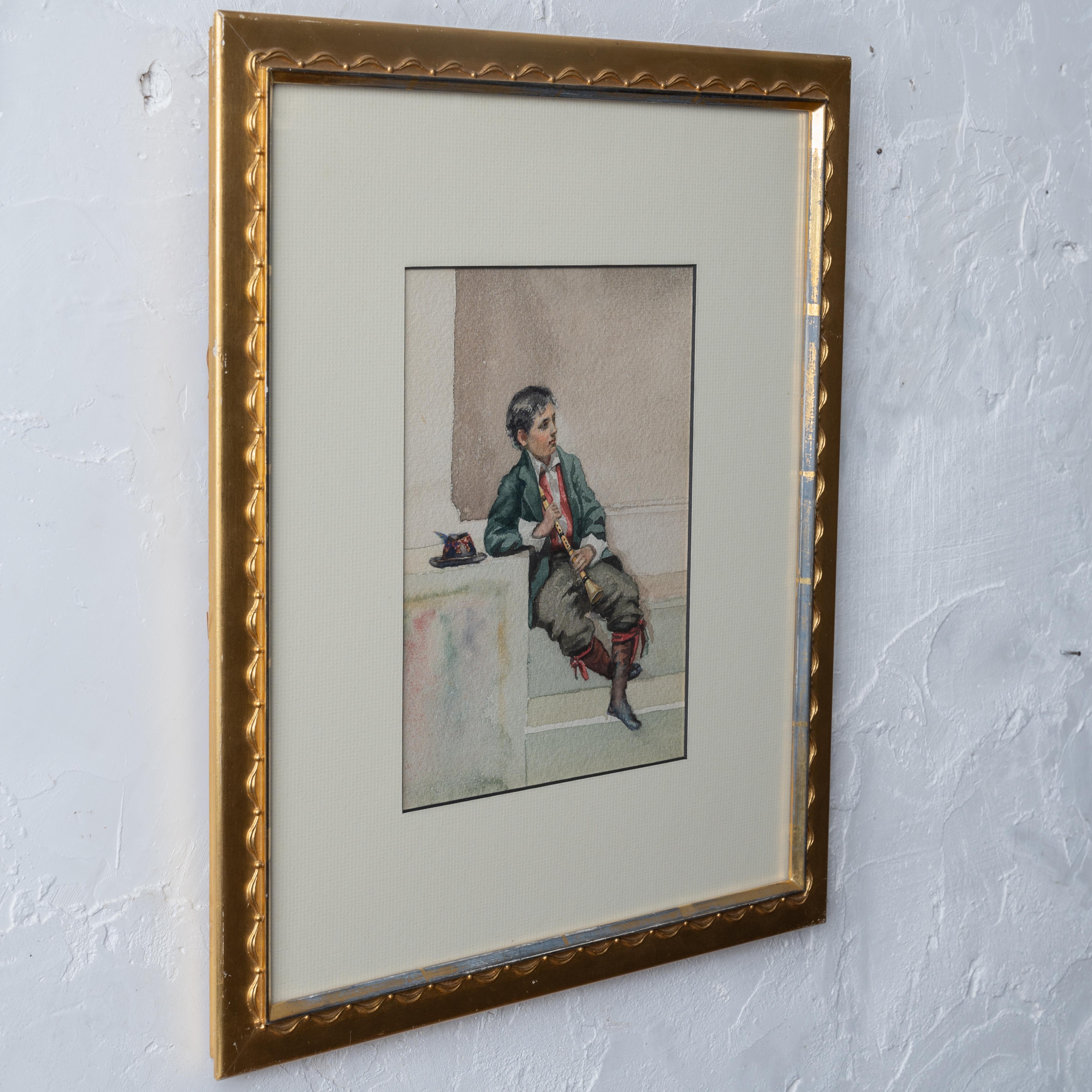 Italian School Flute Player Watercolor, 1899 For Sale 2