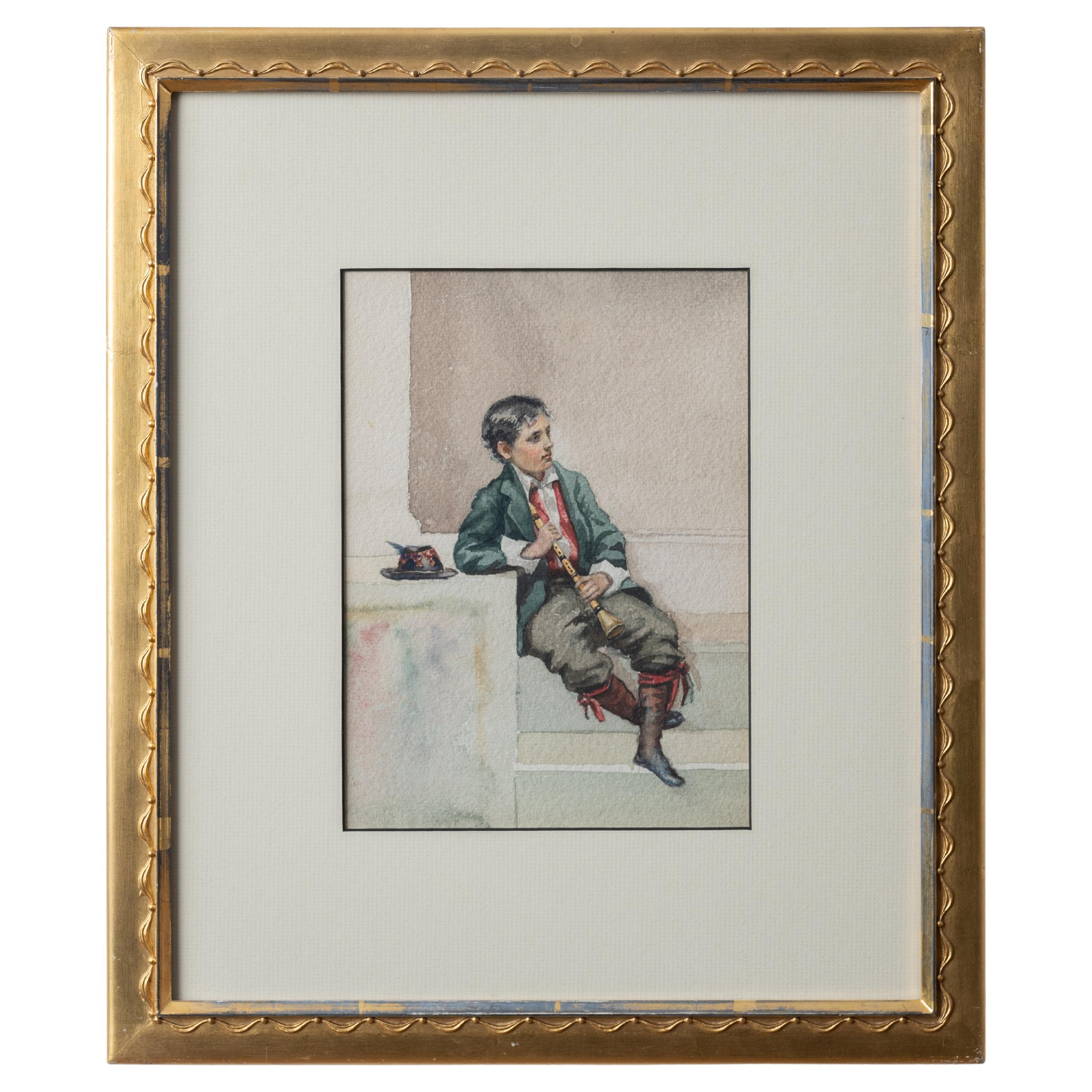 Italian School Flute Player Watercolor, 1899 For Sale