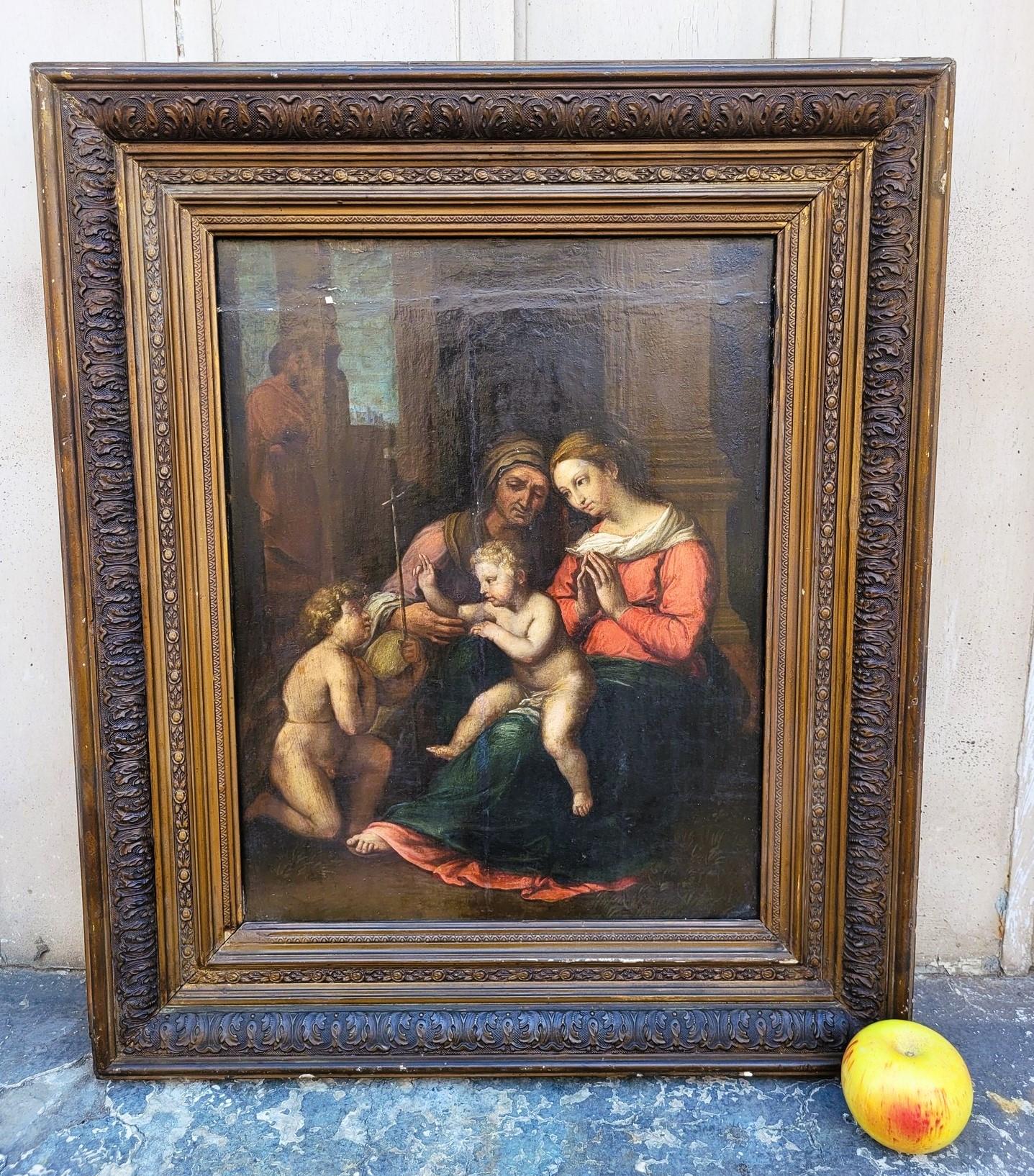 Italian school 17th / 18th century: oil on framed panel, representing The Virgin and Child Jesus, accompanied by Saint Elizabeth and John the Baptist as a child, in the foreground

As is: cracks and missing paint, wear and restorations; the wooden