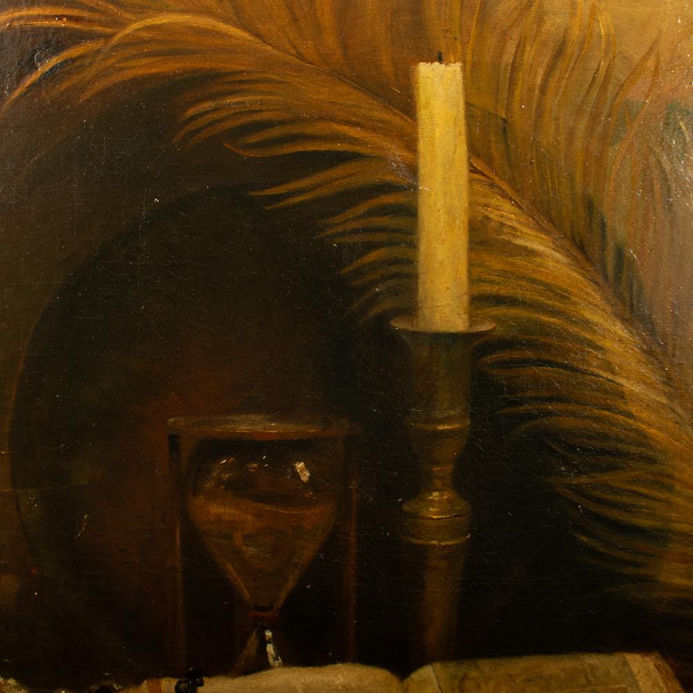 Mid-19th Century Religious Still Life

Oil on canvas. This evocative still life, dating from the mid-19th century, captures a serene and contemplative arrangement of religious and symbolic objects. The composition includes a Bible, candle, rosary,