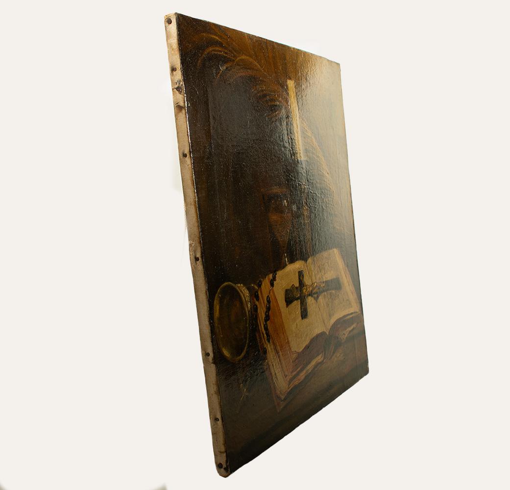 ITALIAN SCHOOL, mid 19th century, Religious Still Life, Bible, Rosary, Crucifix. In Fair Condition For Sale In TEYJAT, FR