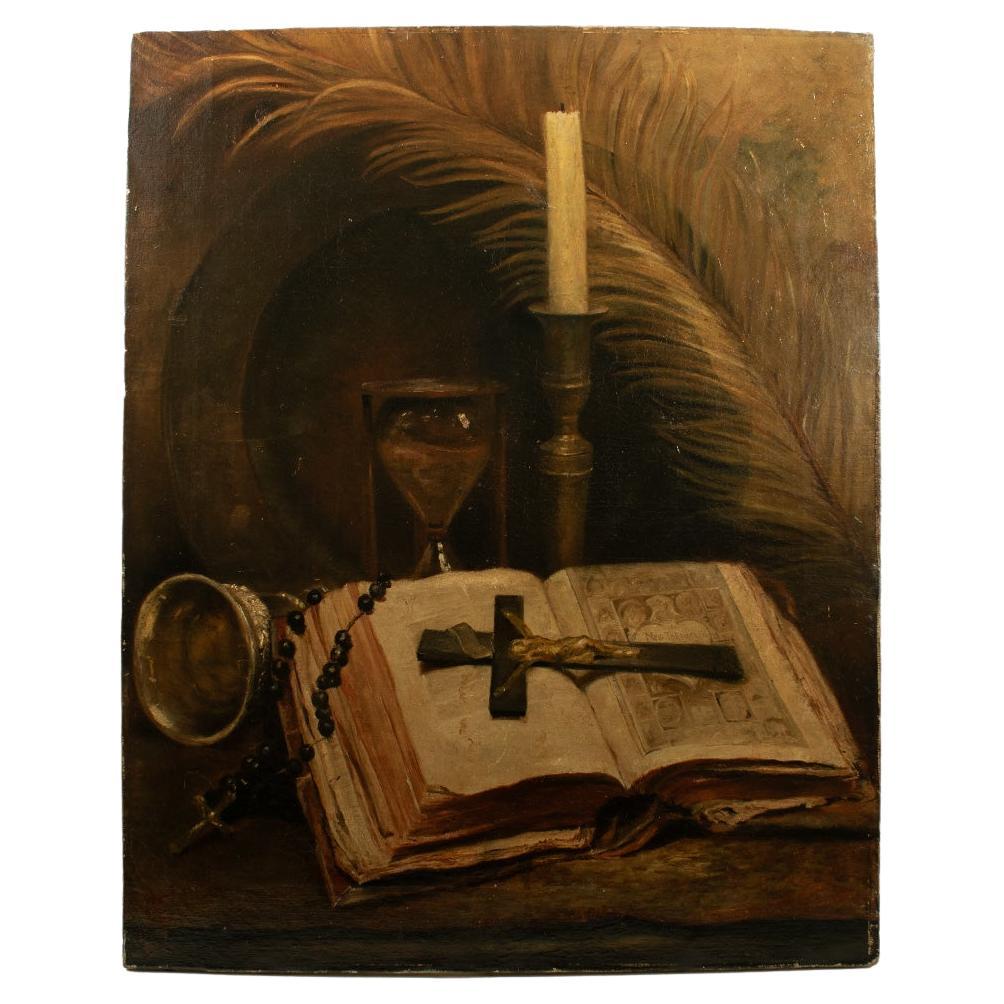 ITALIAN SCHOOL, mid 19th century, Religious Still Life, Bible, Rosary, Crucifix. For Sale