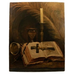 SCUOLA ITALIANA, metà del XIX secolo, Natura morta religiosa, Bibbia, Rosario, Crocifisso.