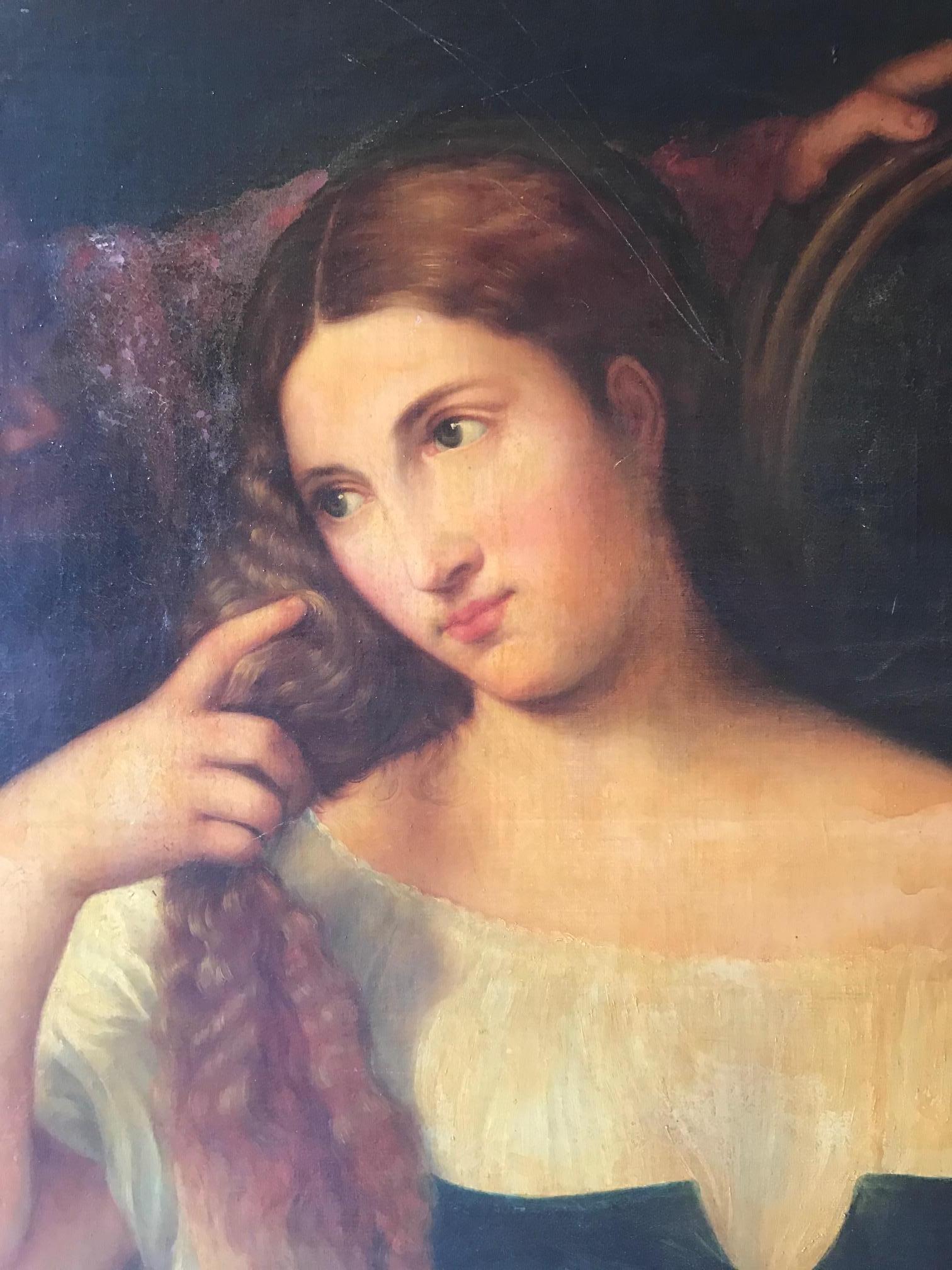 Renaissance Italian School of the 19th Century According to Titien Woman in the Mirror
