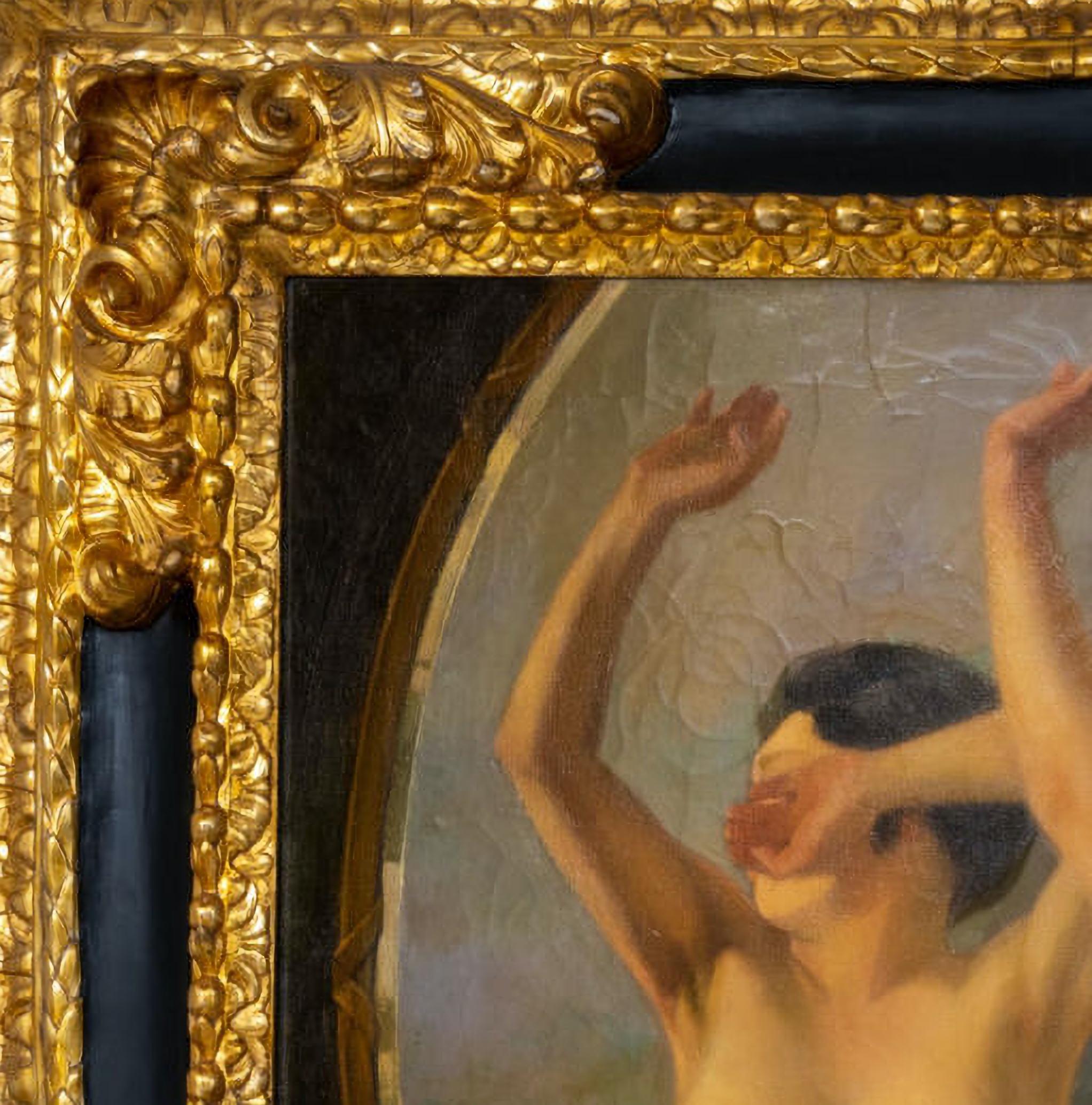 Italian school of the early 20th century
Nude woman in the mirror
Art Deco
Oil painting on canvas
Valuable wooden frame richly carved with black lacquer and pure gold.
The work is clearly inspired by the production of the Palermo master Aleardo