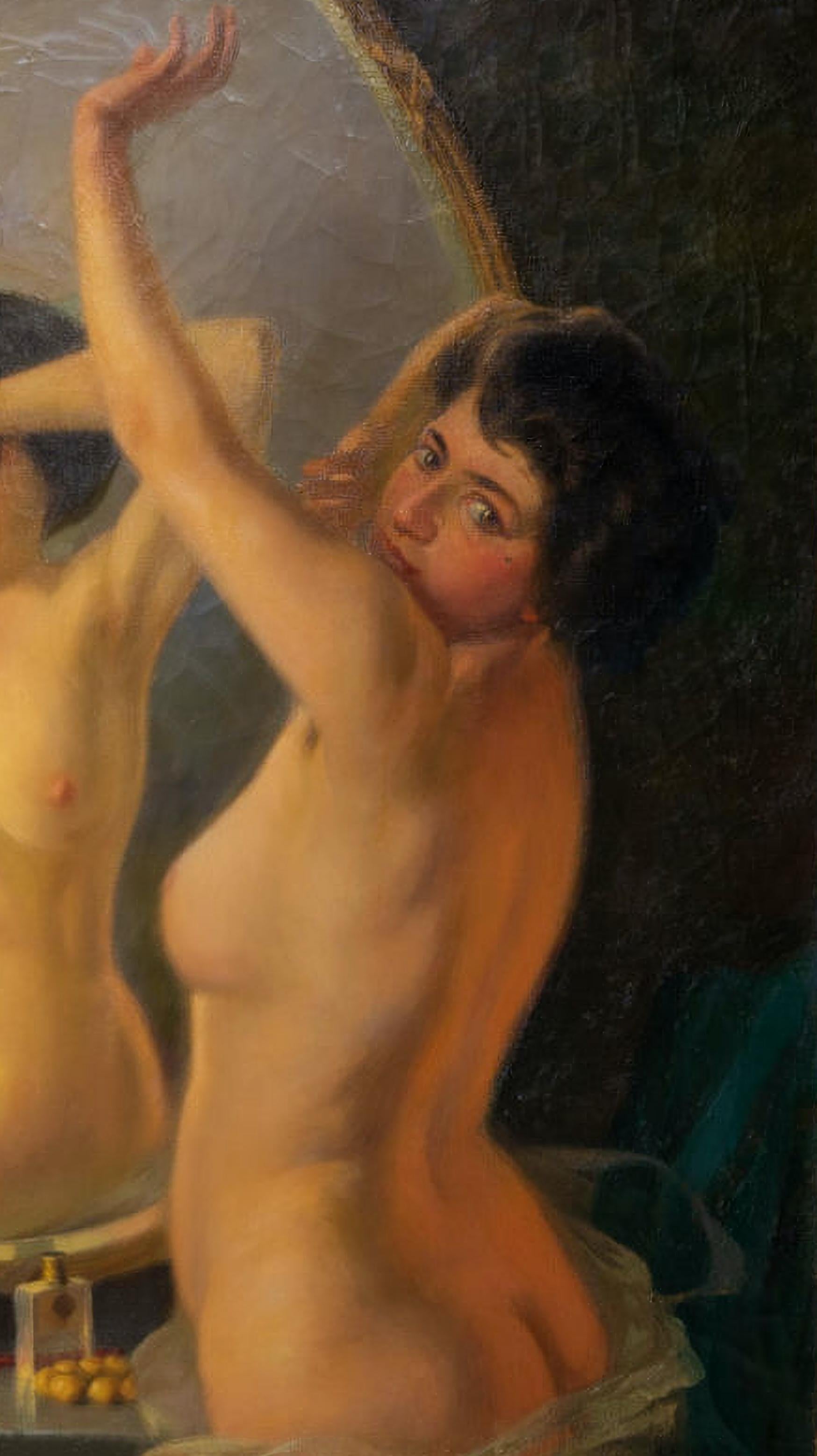 Oiled Italian School of the Early 20th Century Nude Woman in the Mirror Art Deco