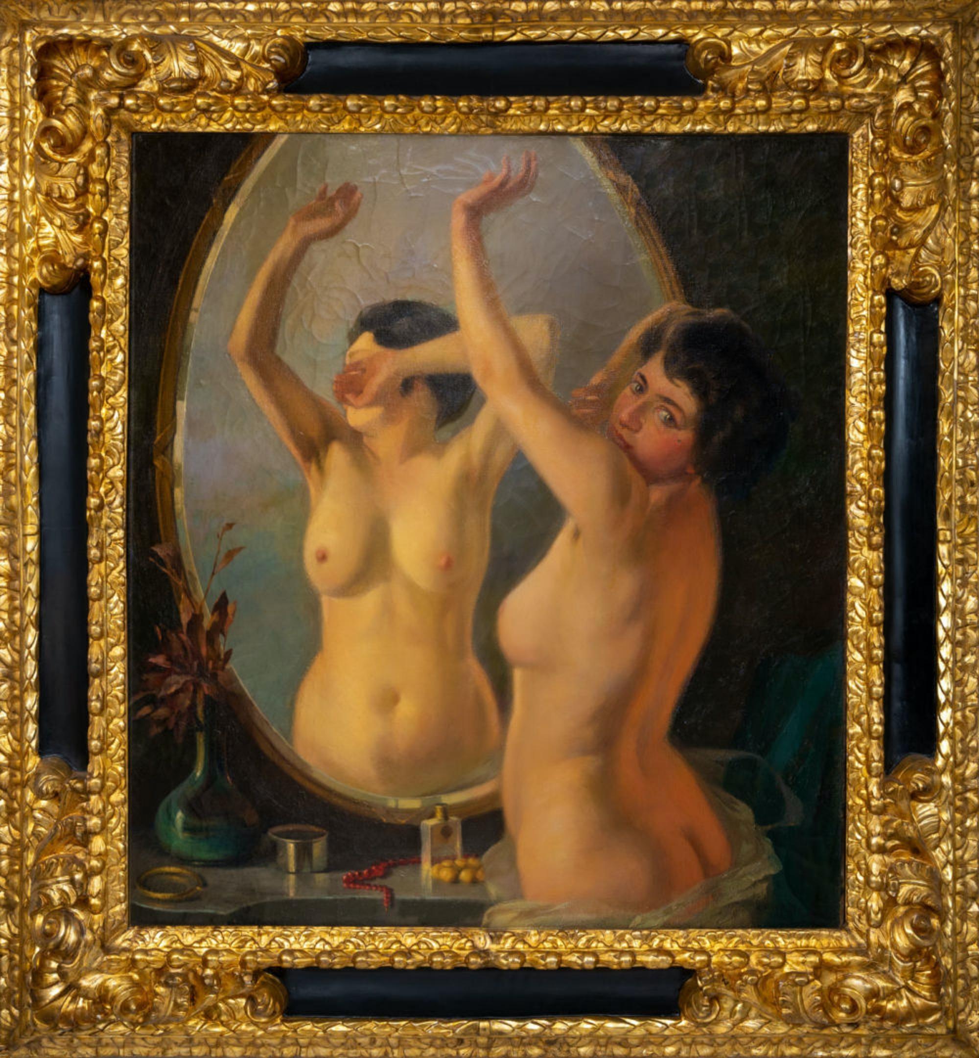 Italian School of the Early 20th Century Nude Woman in the Mirror Art Deco In Good Condition In Madrid, ES