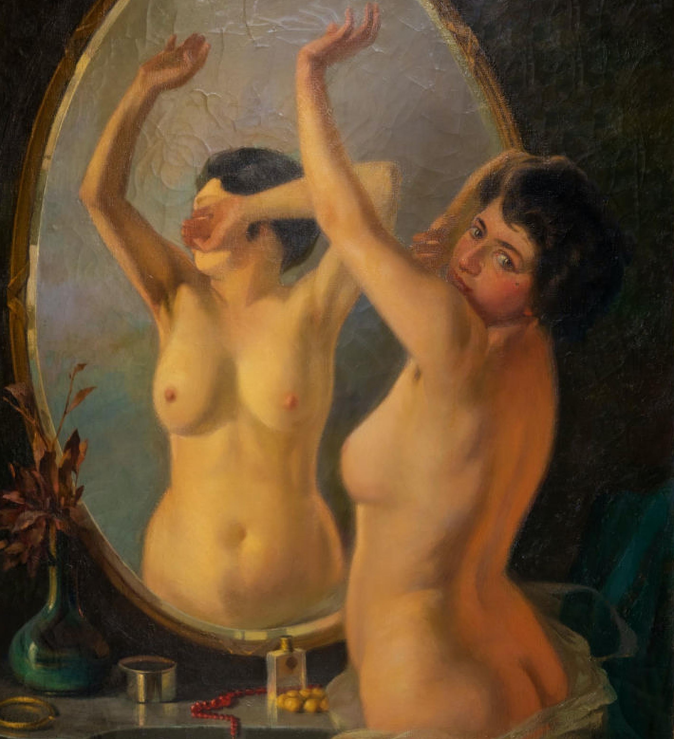 Paint Italian School of the Early 20th Century Nude Woman in the Mirror Art Deco