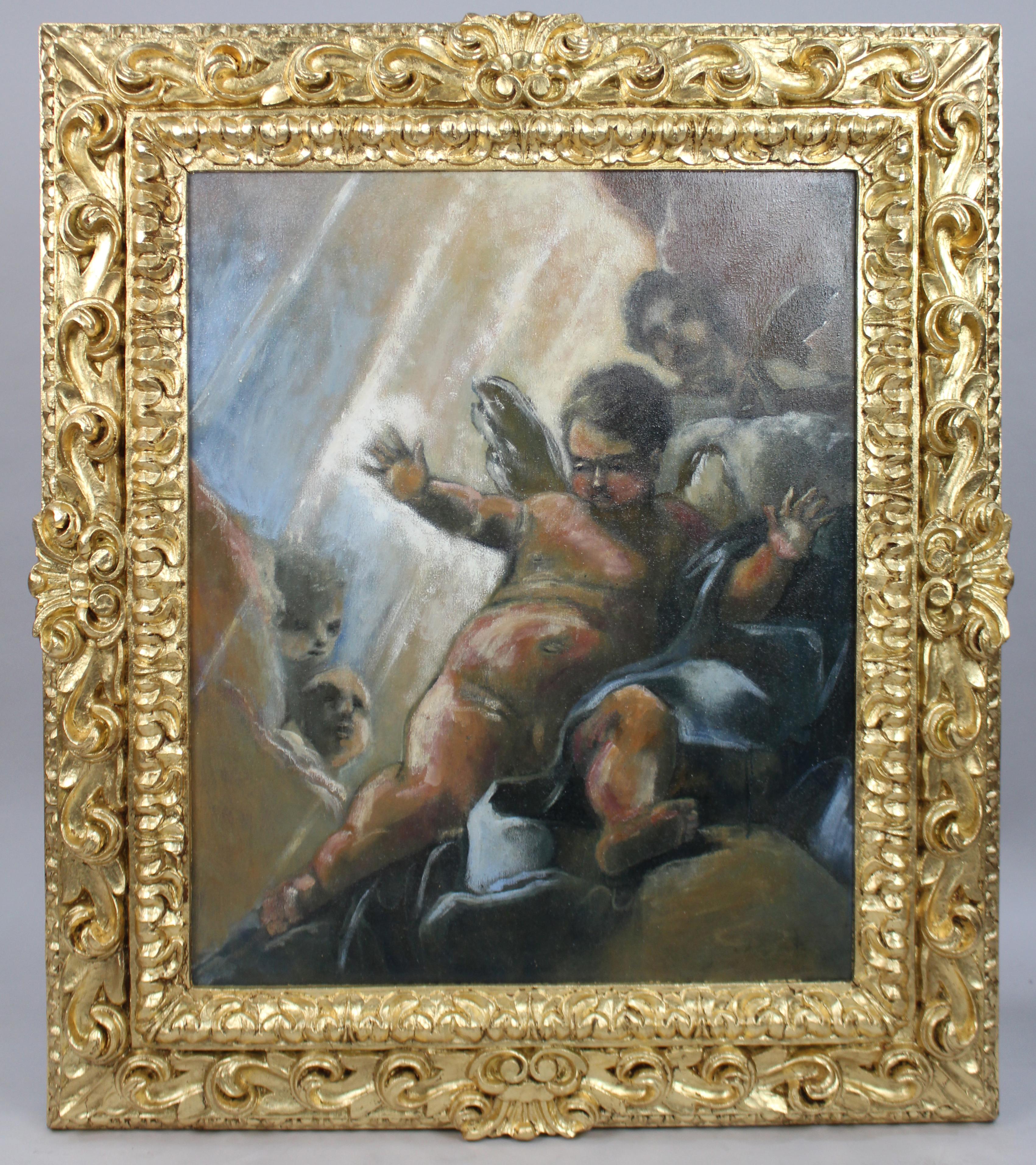 Italian School Oil in the Renaissance Style Set in Carved Giltwood Frame

A finely painted oil on canvas in the Renaissance manner, likely by an Italian studio of the mid 20th century. The composition features a central winged putto surrounded by