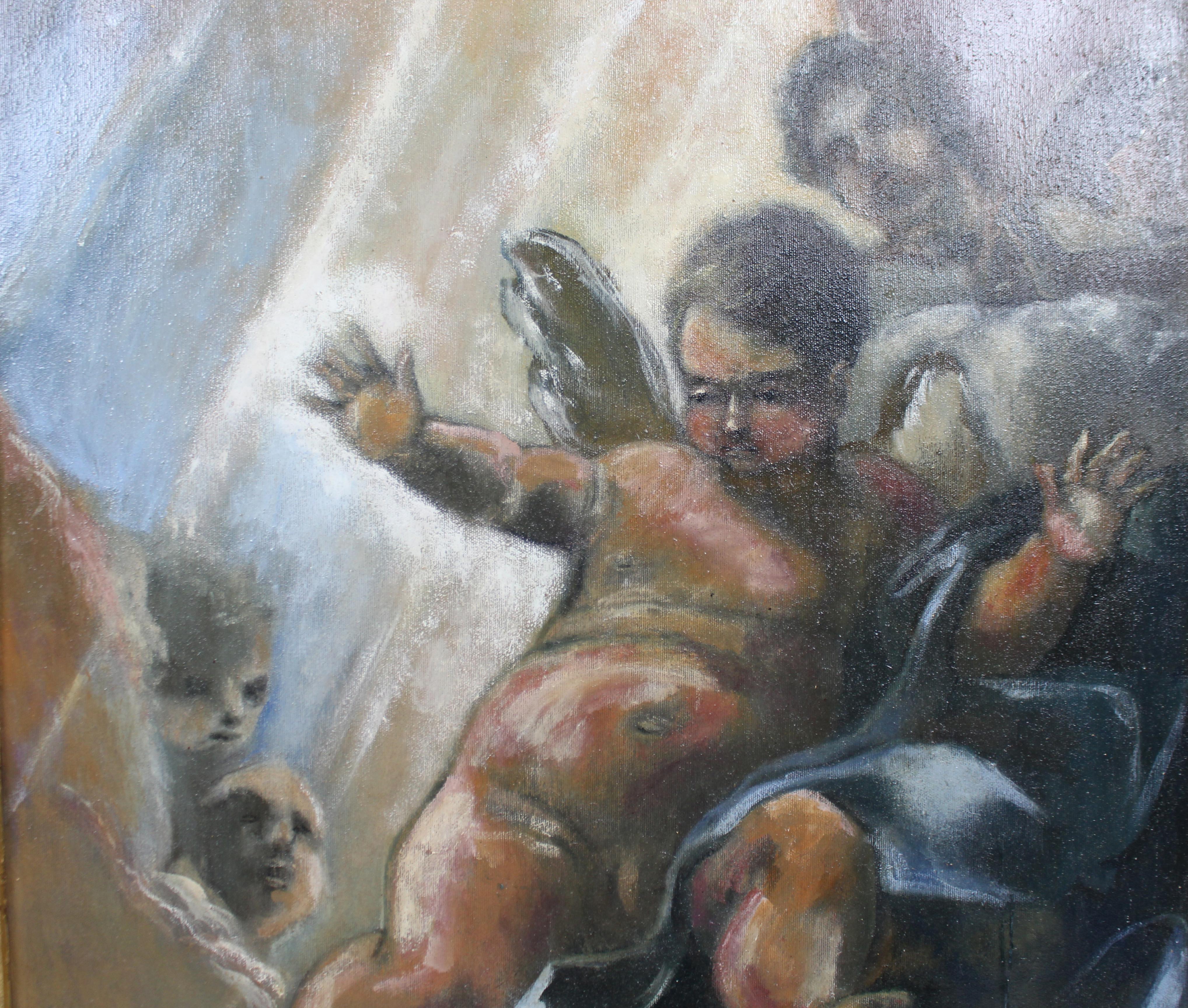 20th Century Italian School Oil in the Renaissance Style Set in Carved Giltwood Frame For Sale