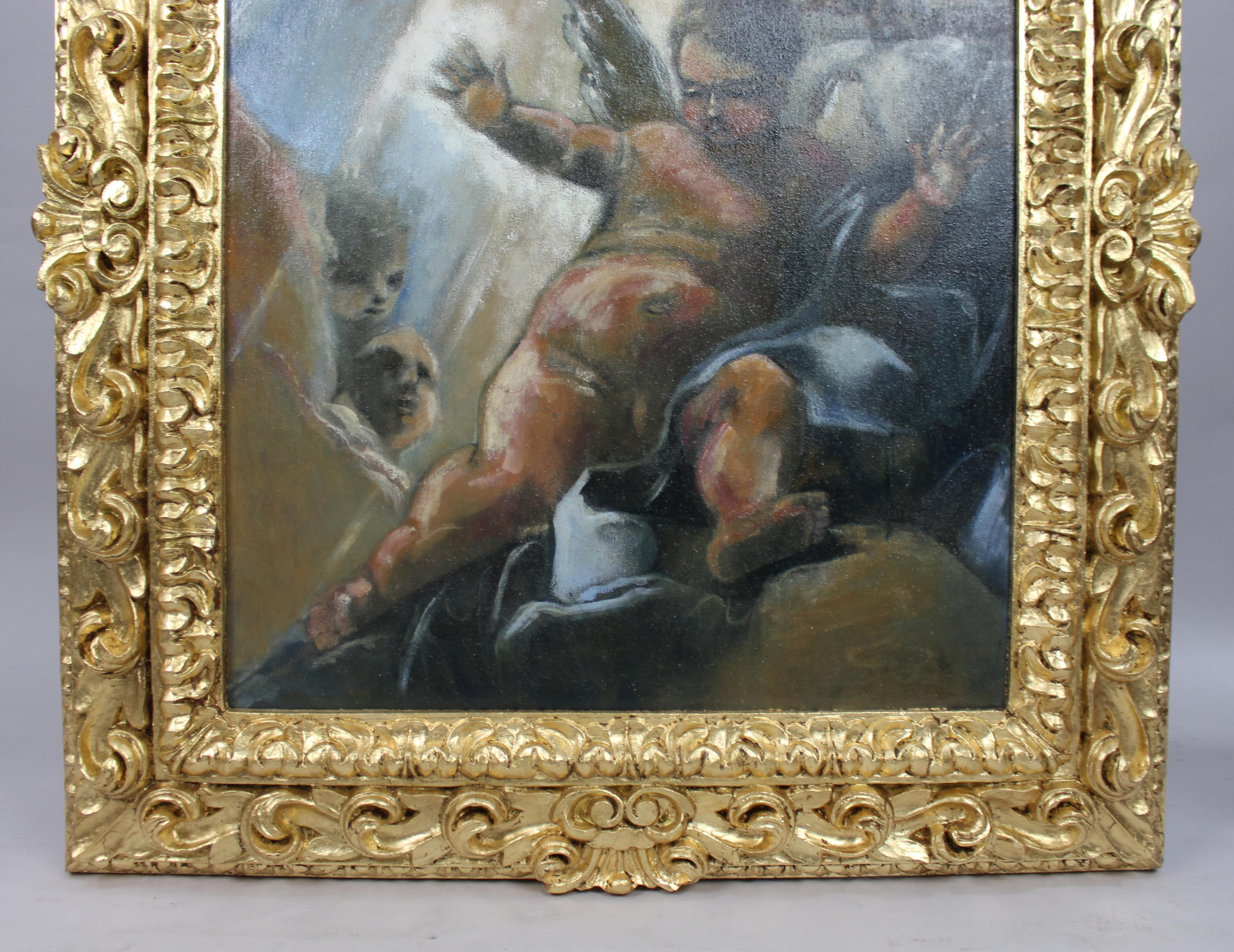 Italian School Oil in the Renaissance Style Set in Carved Giltwood Frame For Sale 1