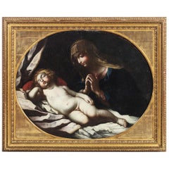 Italian School Painting "The Virgin Contemplating the Baby Jesus", 17th Century