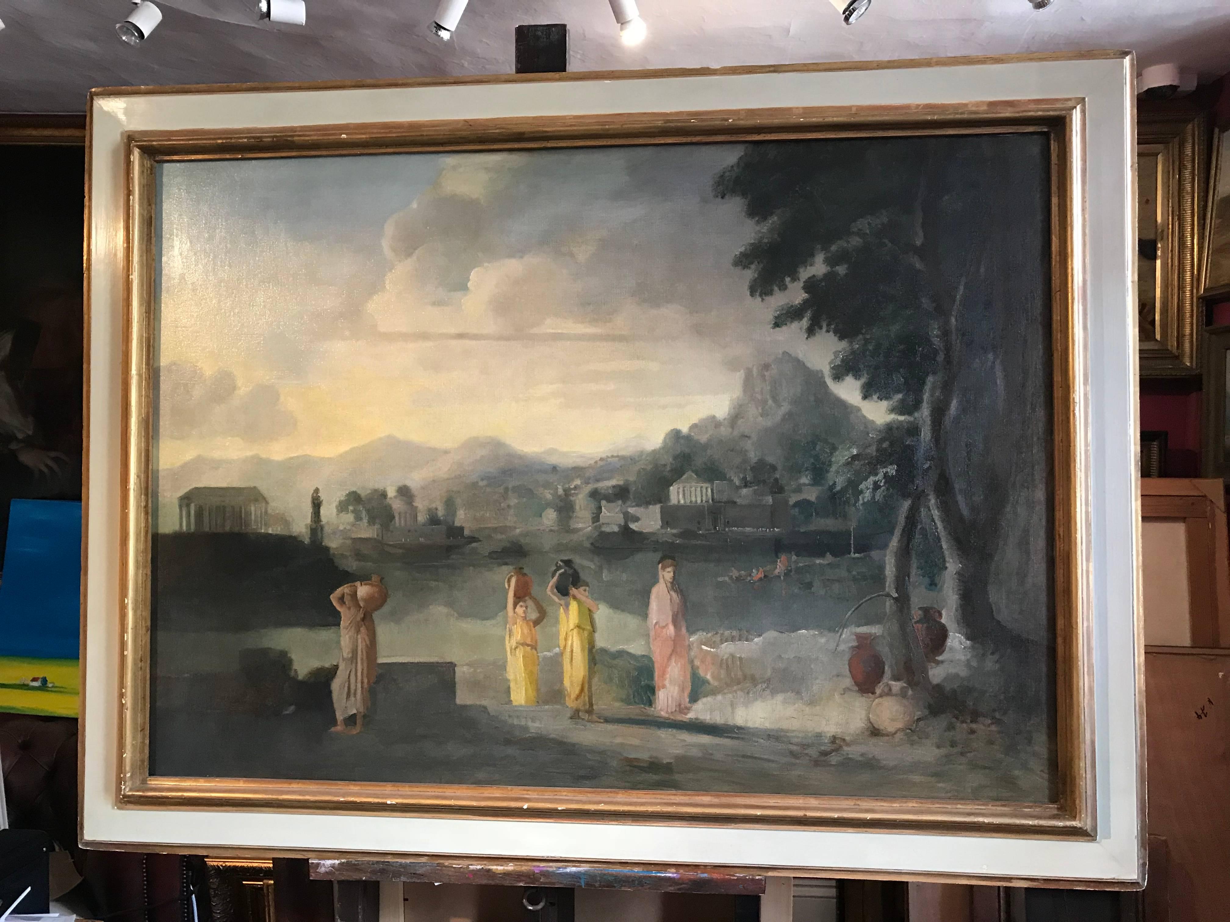 Enormous Neo-Classical Painting - Figures in Italianate Arcadian Landscape - Gray Figurative Painting by Unknown