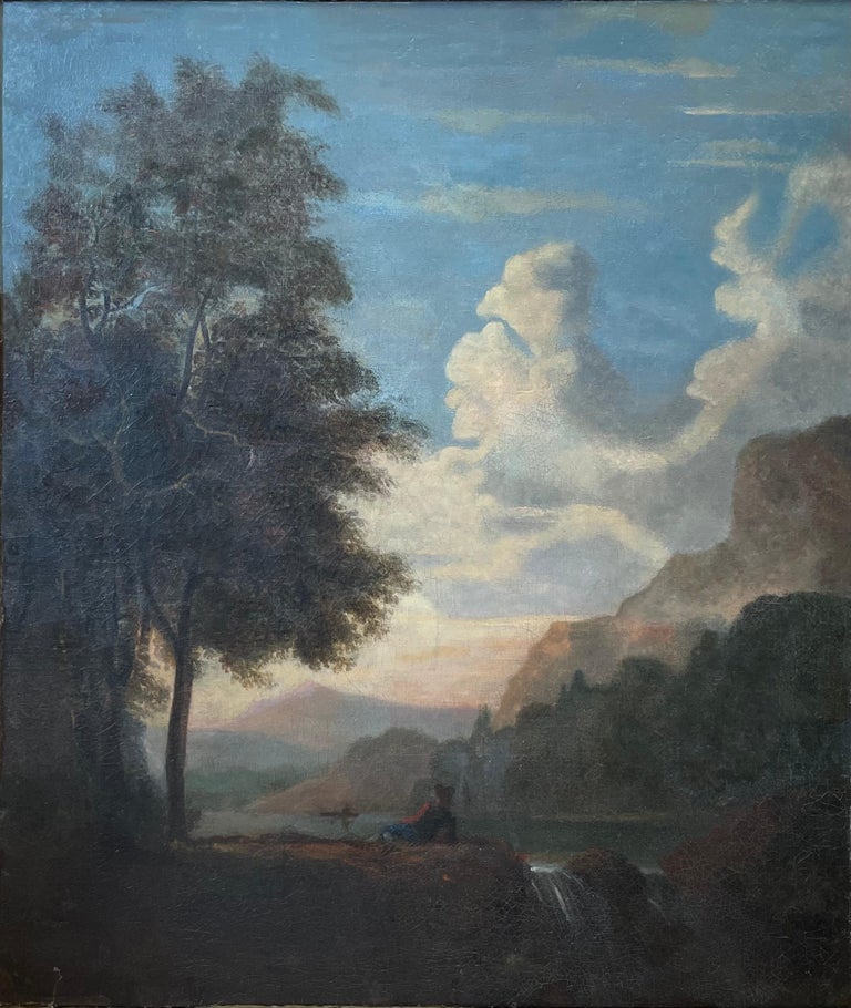 FINE 18thC ITALIAN OLD MASTER OIL PAINTING - FIGURE RESTING BEFORE SUNSET LAKE - Painting by Unknown