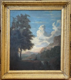 FINE 18thC ITALIAN OLD MASTER OIL PAINTING - FIGURE RESTING BEFORE SUNSET LAKE