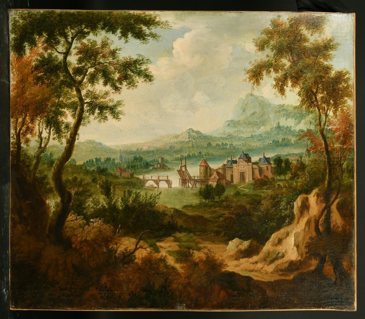 Enorme cuadro al óleo de un viejo maestro italiano del siglo XVIII Castillo antiguo y puente levadizo - Painting de Italian School