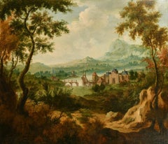 Huge 18th Century Italian Old Master Oil Painting Ancient Castle & Drawbridge 