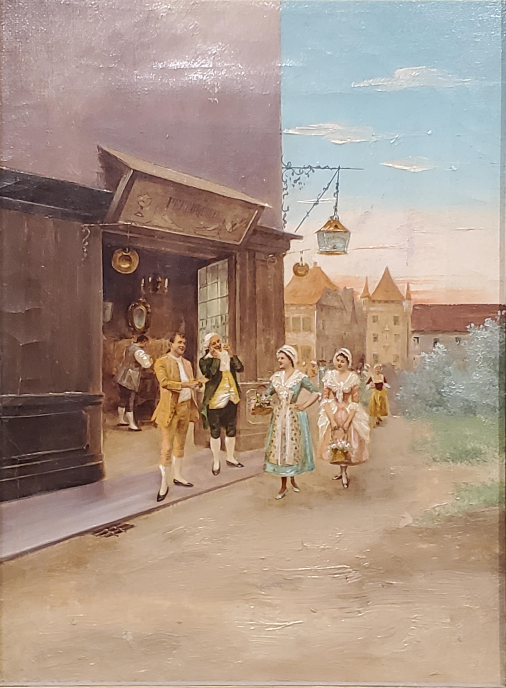 Unknown Landscape Painting - Italian School Painting of Elegant figures by a Store.