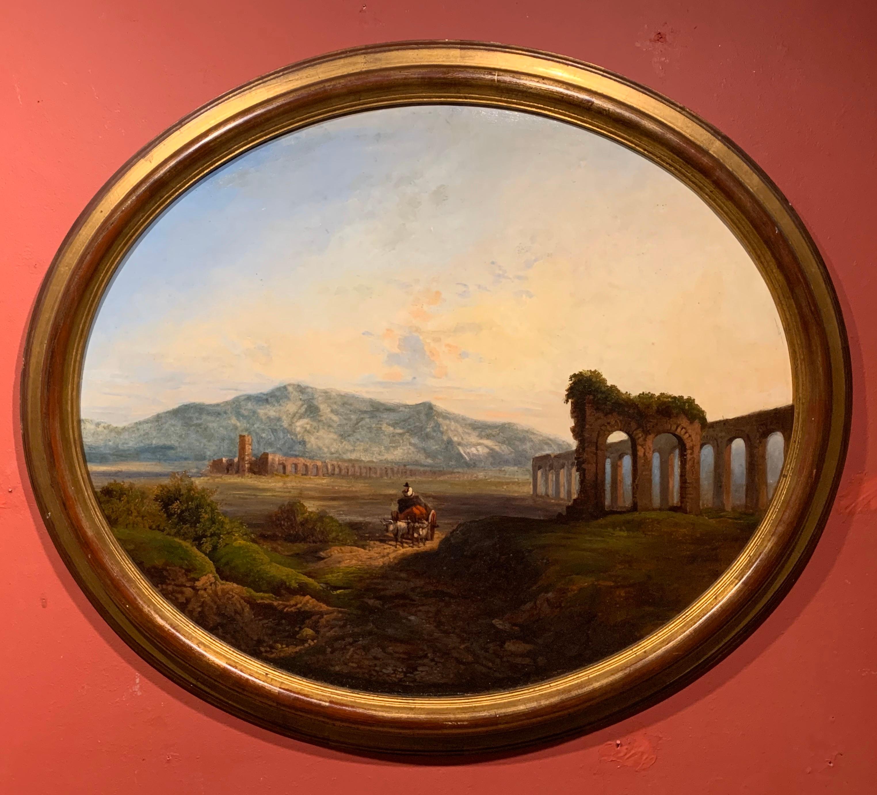 Unknown Landscape Painting - Roman Campagna Ancient Ruins at Sunset, 18th century oil painting on canvas