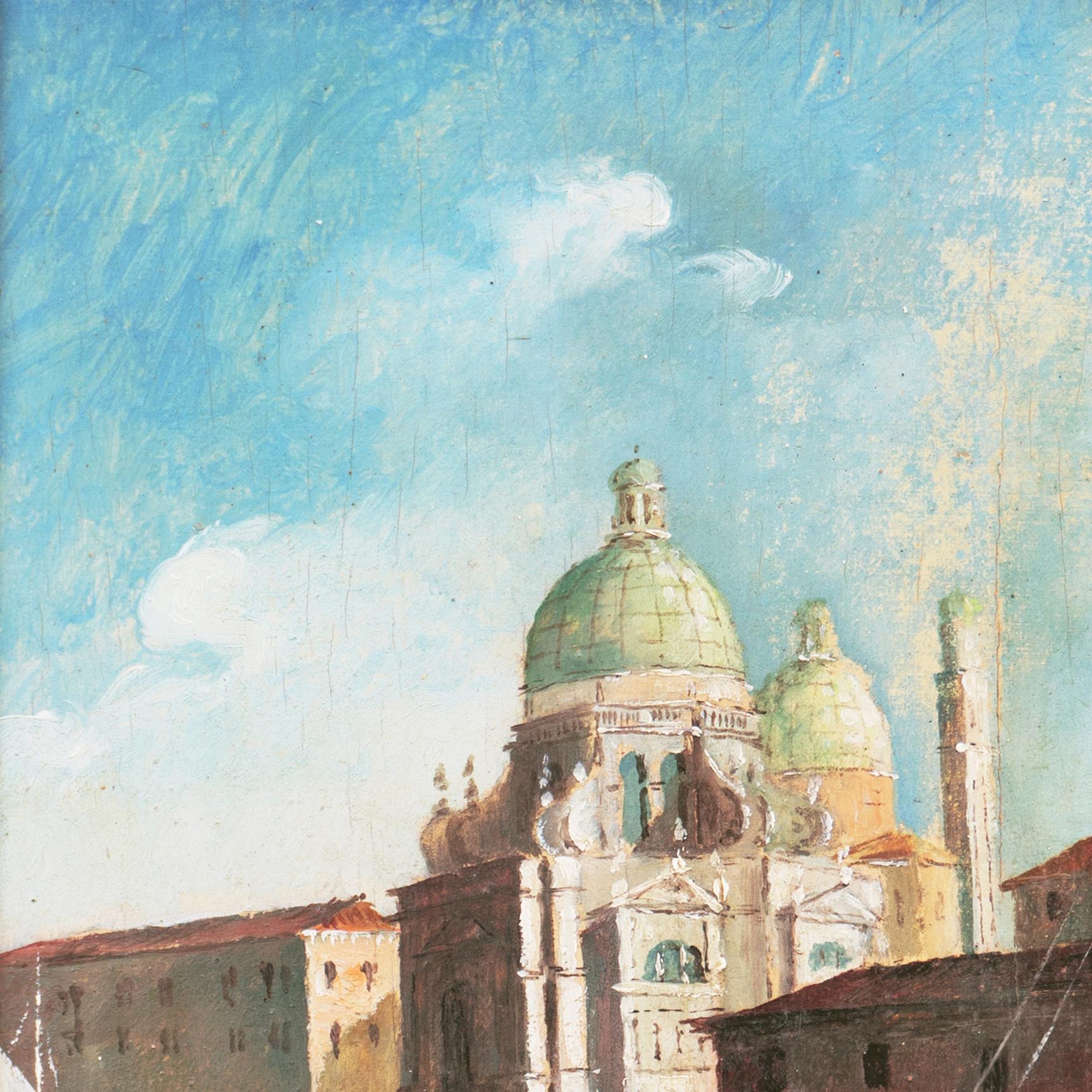 A cabinet-sized oil on panel showing a lively view of Venice with figures in gondolas on the Bacino San Marco and with the Basilica of Santa Maria della Salute rising in the background. Italian School, unsigned and painted circa 1910. 

Displayed in