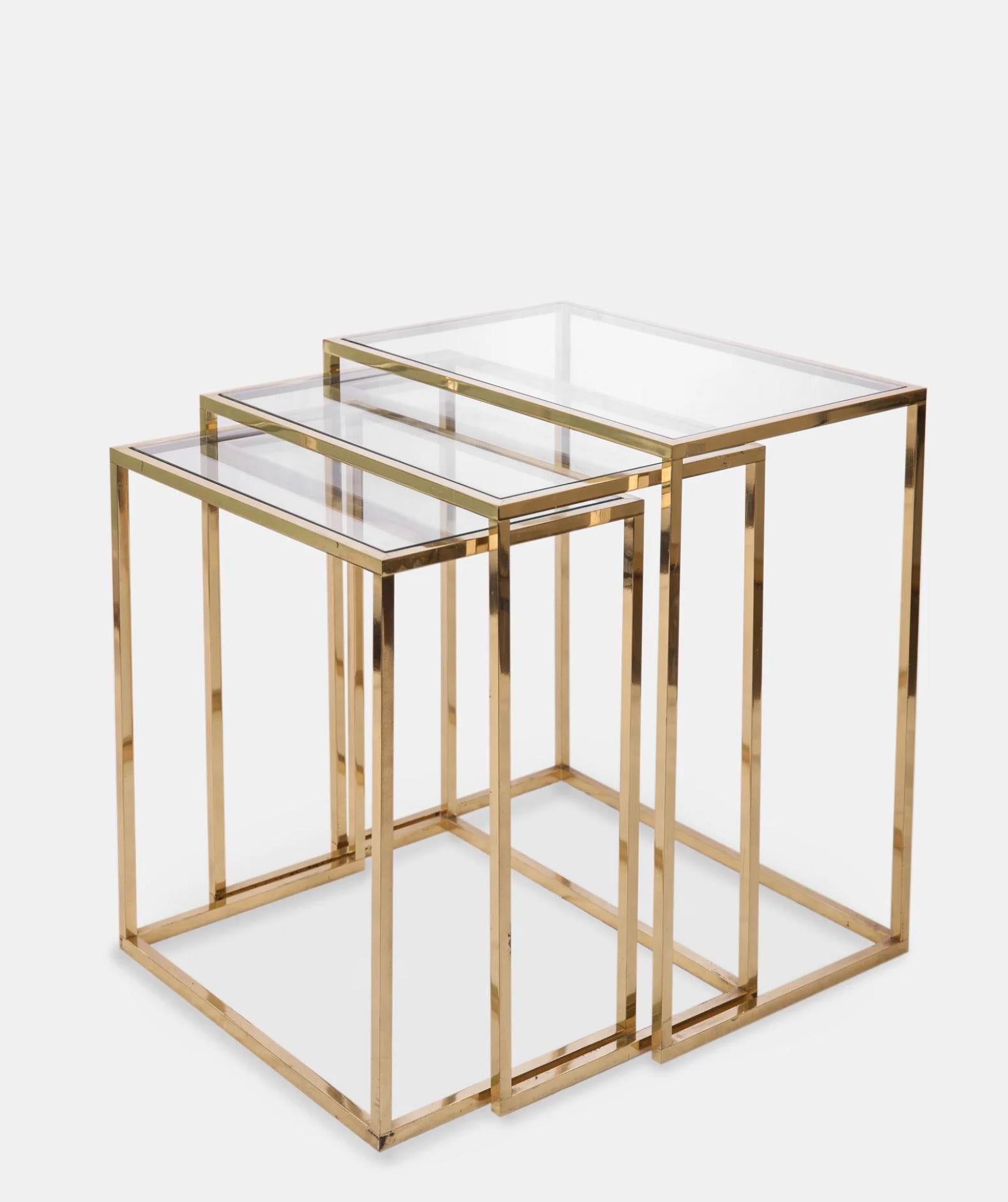 Late 20th Century Italian School Set of Three Nesting Tables Brass and Glass Golden Colour 1970s For Sale