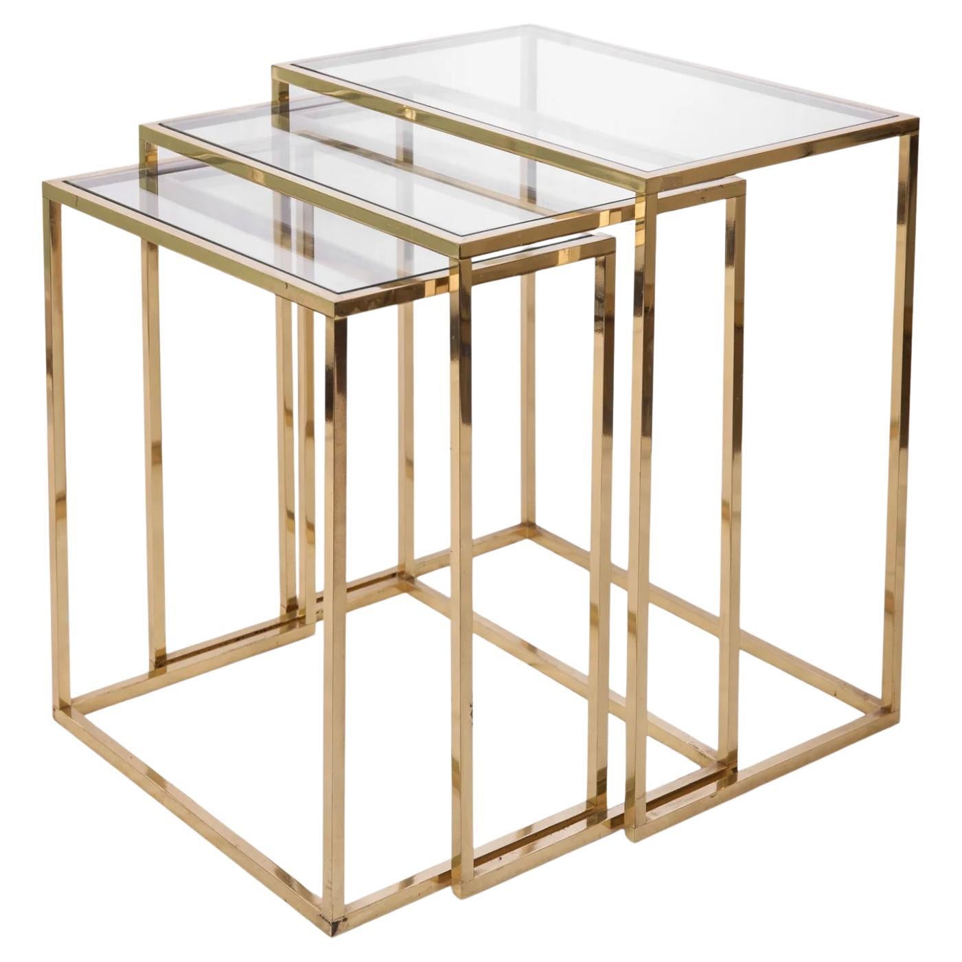 Italian School Set of Three Nesting Tables Brass and Glass Golden Colour 1970s For Sale