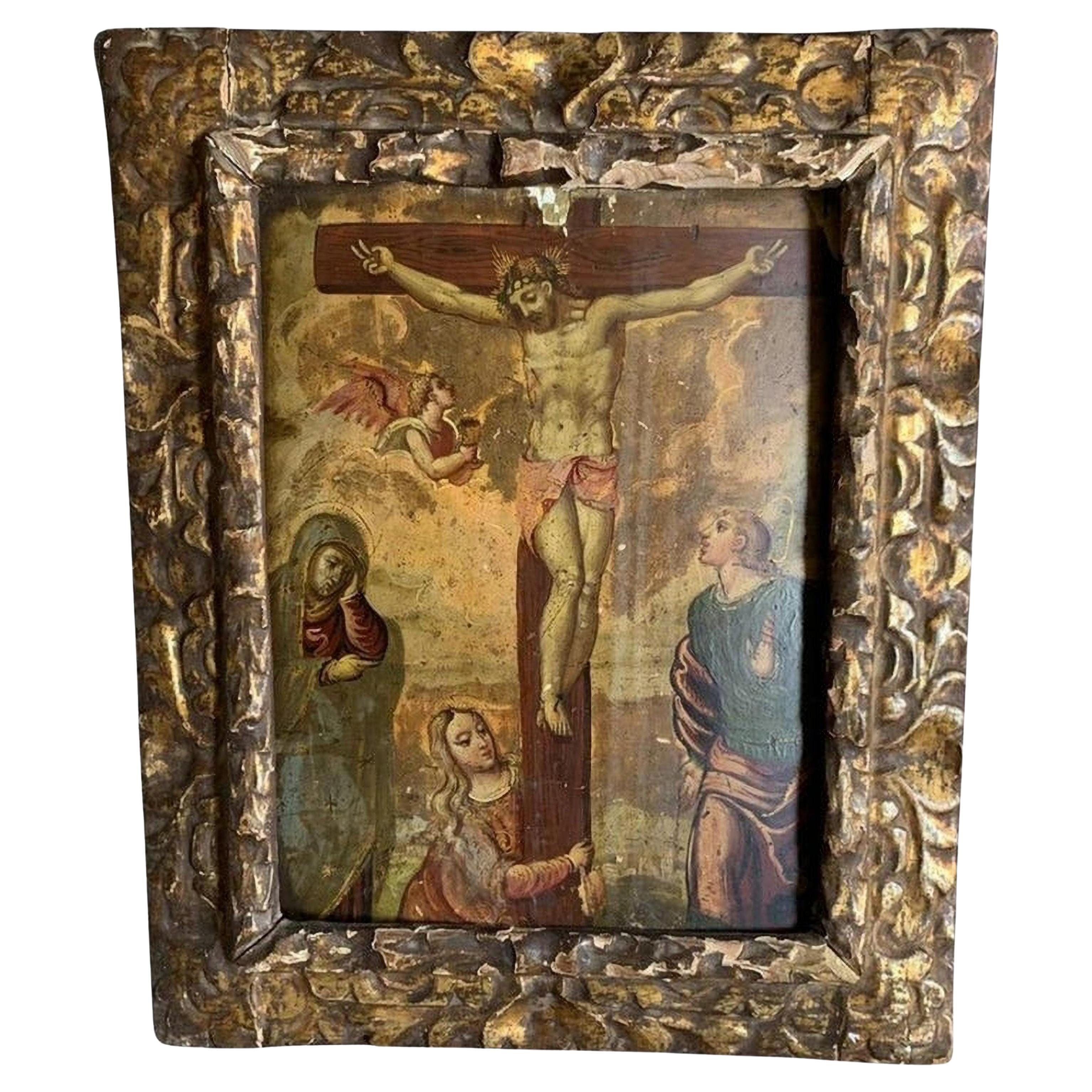 Italian School Table of the 16th Century "Crucified Christ with the Virgin" For Sale
