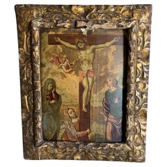 Antique Italian School Table of the 16th Century "Crucified Christ with the Virgin"
