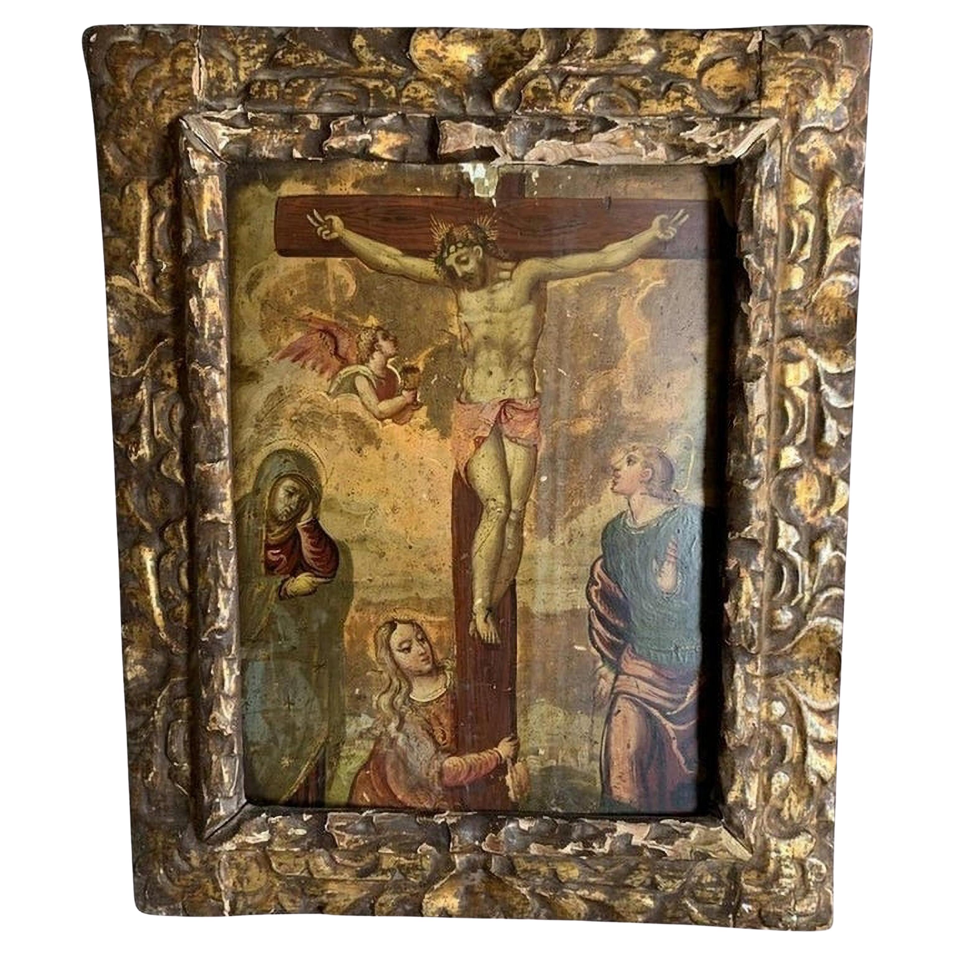 Tabla de escuela italiana del siglo XVI "Cristo crucificado con la Virgen"