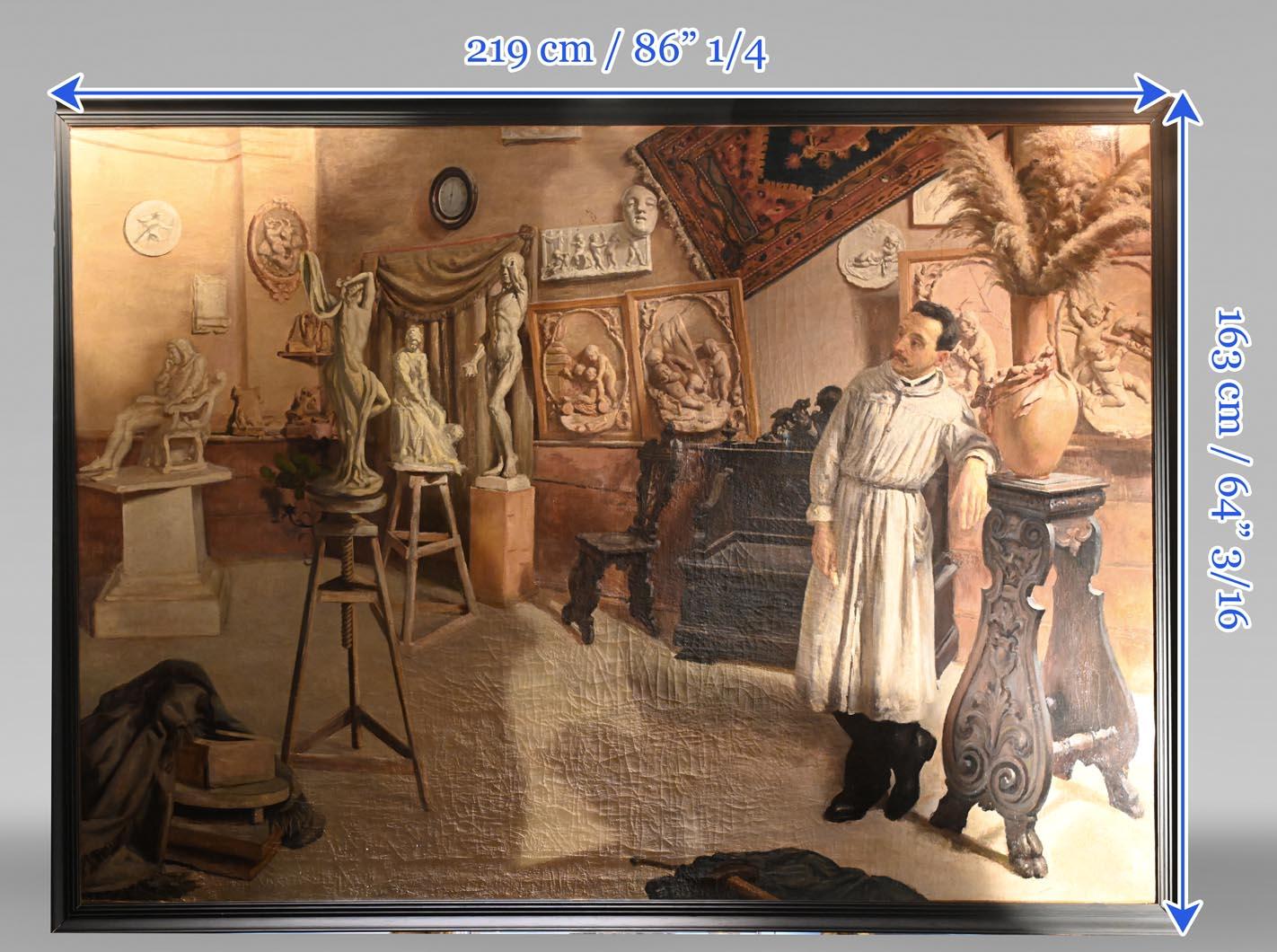 Italienische Schule: Das Studio des Bildhauers. Großes Gemälde aus dem 19. Jahrhundert. im Zustand „Gut“ im Angebot in SAINT-OUEN-SUR-SEINE, FR