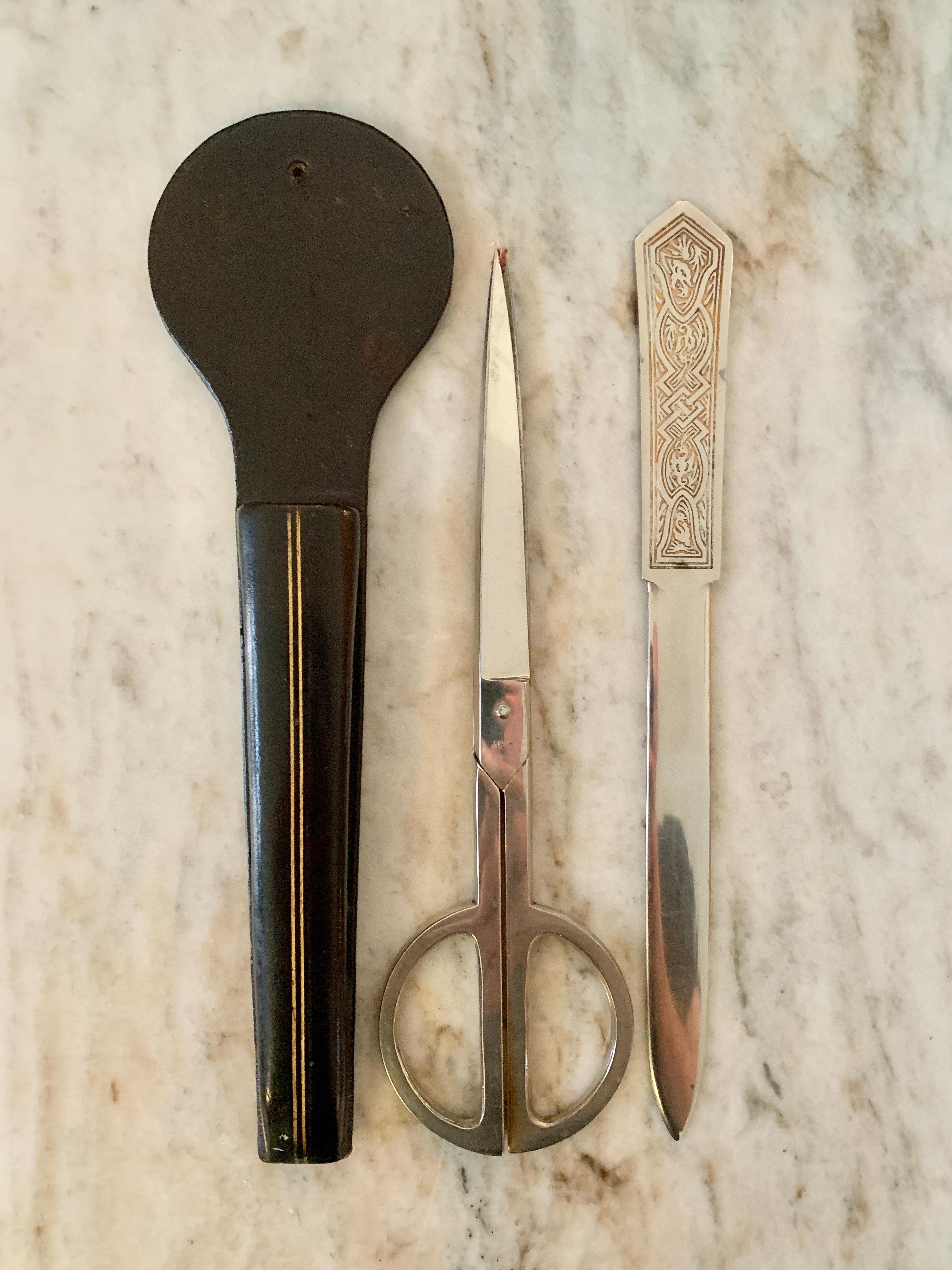 Italian Scissor and Letter Opener Set in Leather Case In Good Condition For Sale In Los Angeles, CA