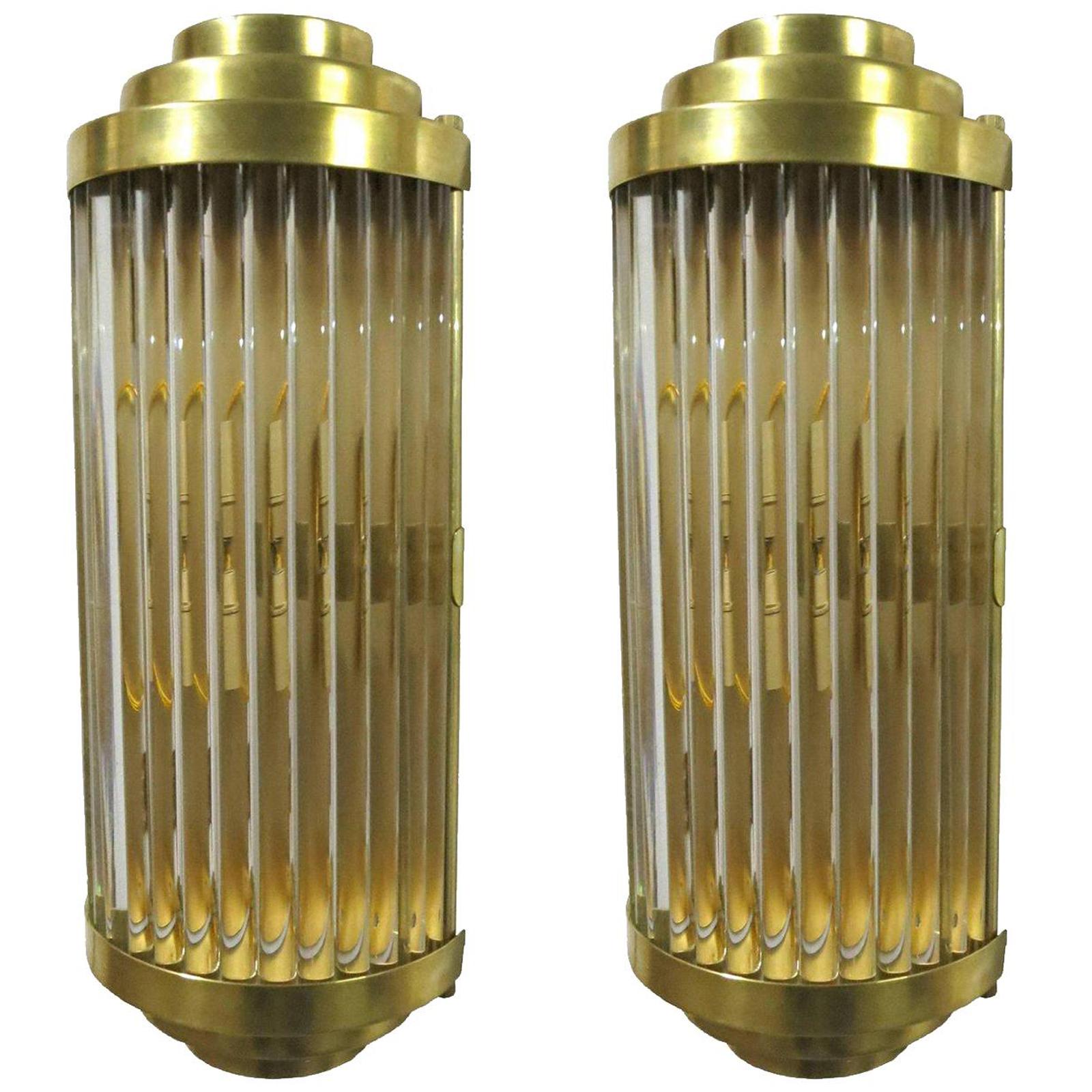 Pair of Italian Sconces in Clear Crystal w/ Bar Tubes on Polished Brass Frames For Sale