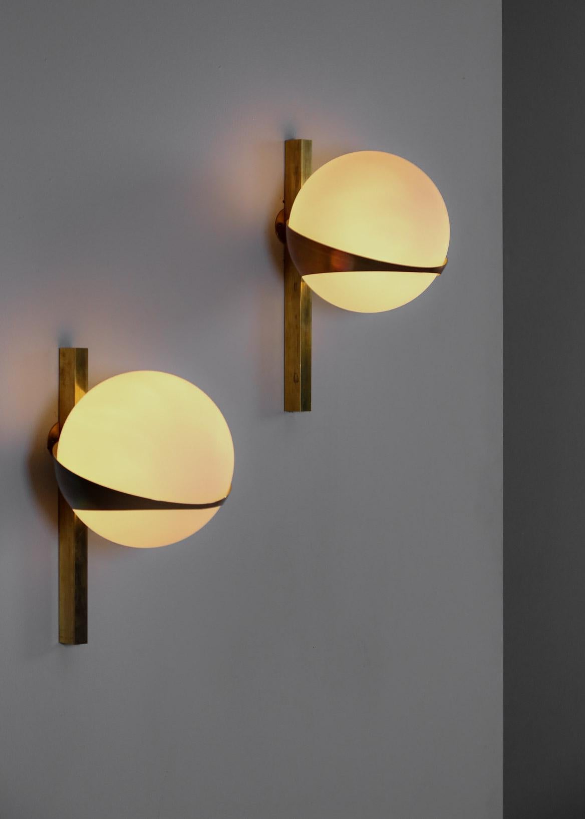 Contemporary Italian Sconces, Stilnovo Style Design Midcentury, Opaline and Brass For Sale