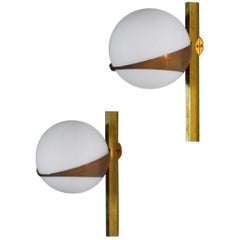 Vintage Italian Sconces, Stilnovo Style Design Midcentury, Opaline and Brass