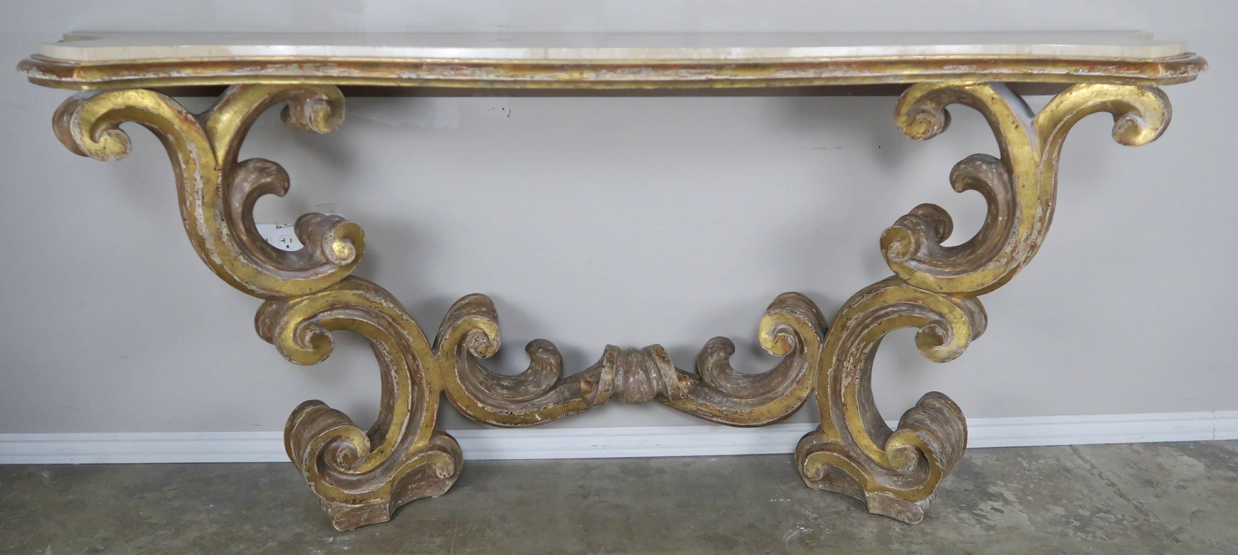 Rococo Italian Scrolled Giltwood Marble-Top Carved Console