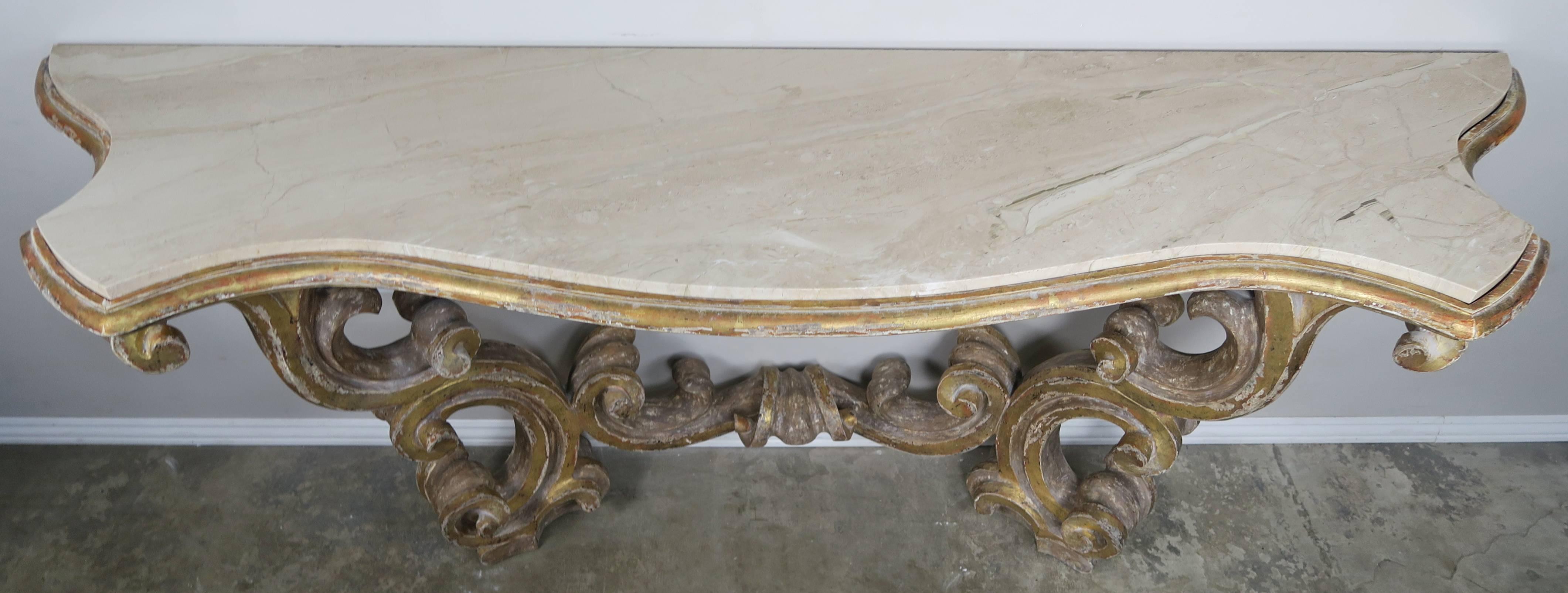 Italian Scrolled Giltwood Marble-Top Carved Console In Excellent Condition In Los Angeles, CA