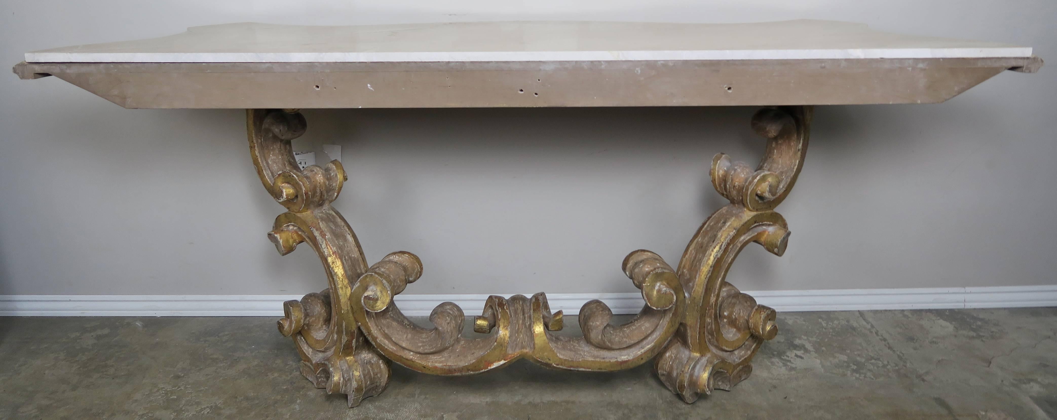Italian Scrolled Giltwood Marble-Top Carved Console 3