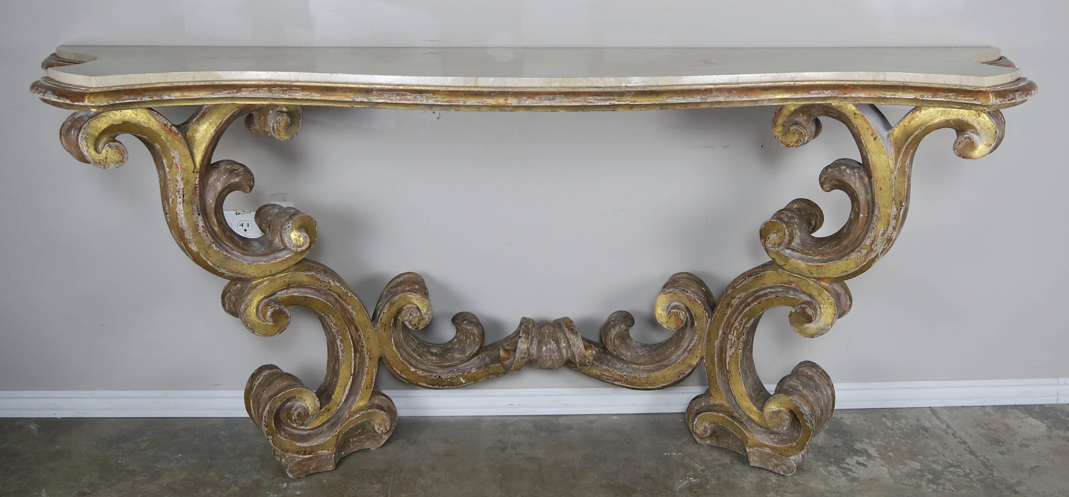 Italian Scrolled Giltwood Marble-Top Carved Console 4