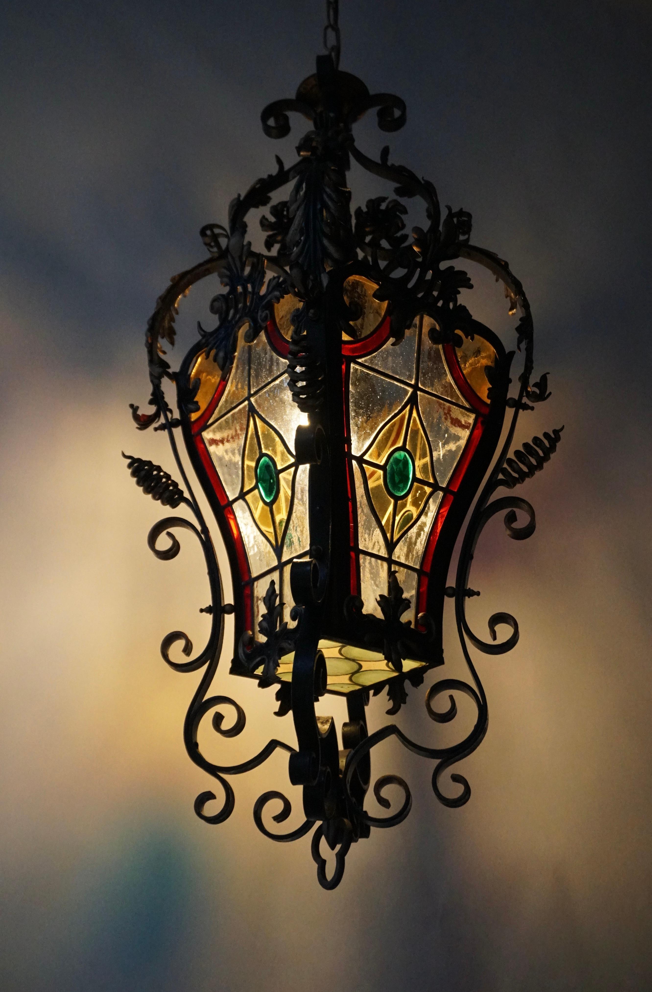  Italian Scrolled Wrought Iron and Stained Glass Hanging Hall Lantern, C. 1900 For Sale 7
