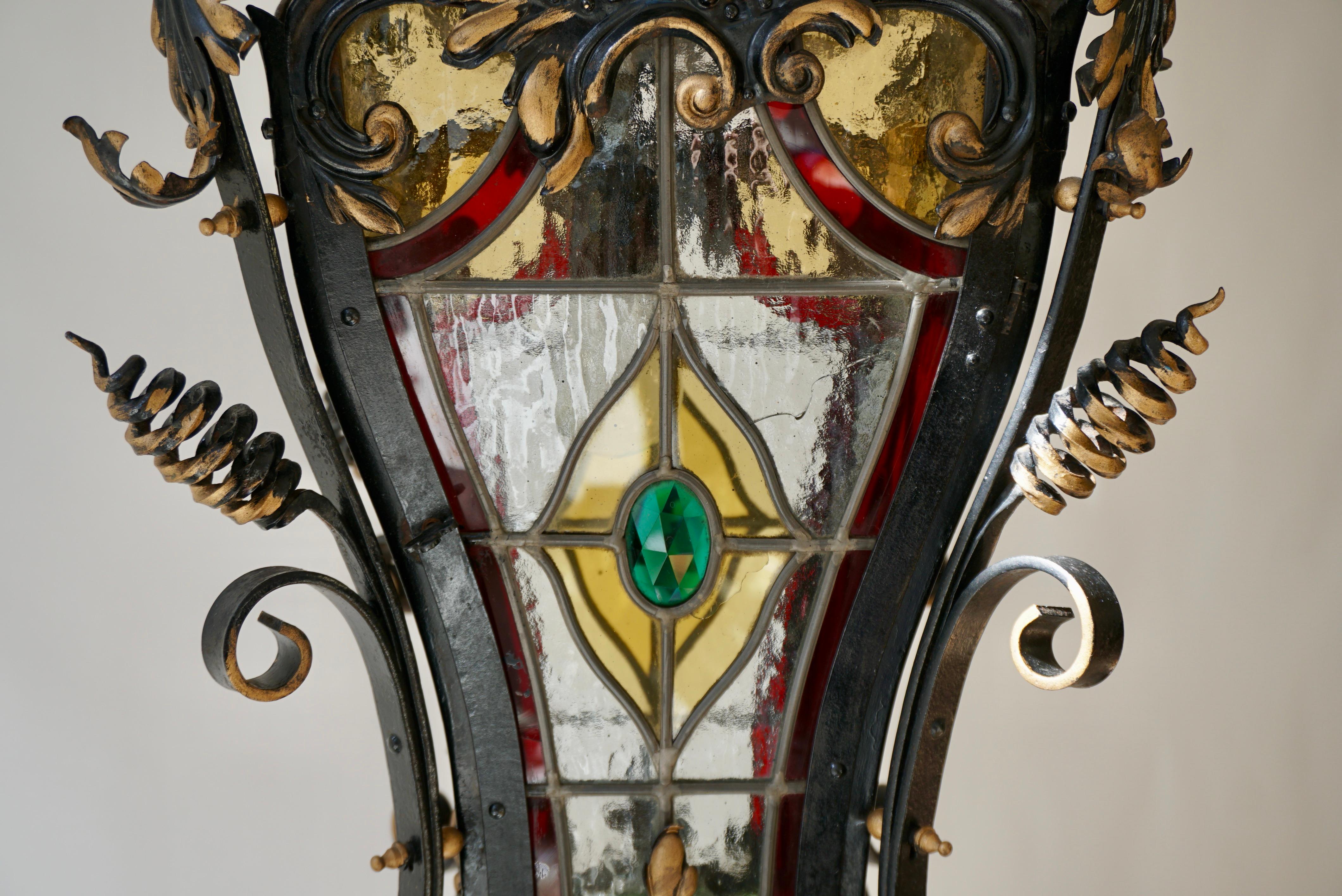  Italian Scrolled Wrought Iron and Stained Glass Hanging Hall Lantern, C. 1900 For Sale 4
