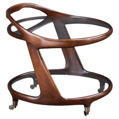 Italian Sculpted Mahogany & Glass Bar Cart by Cesare Lacca