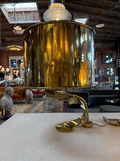 Italian Sculptural Brass Table Lamp with Cylindrical Shade, 1970s