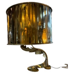 Italian Sculptural Brass Table Lamp with Cylindrical Shade, 1970s