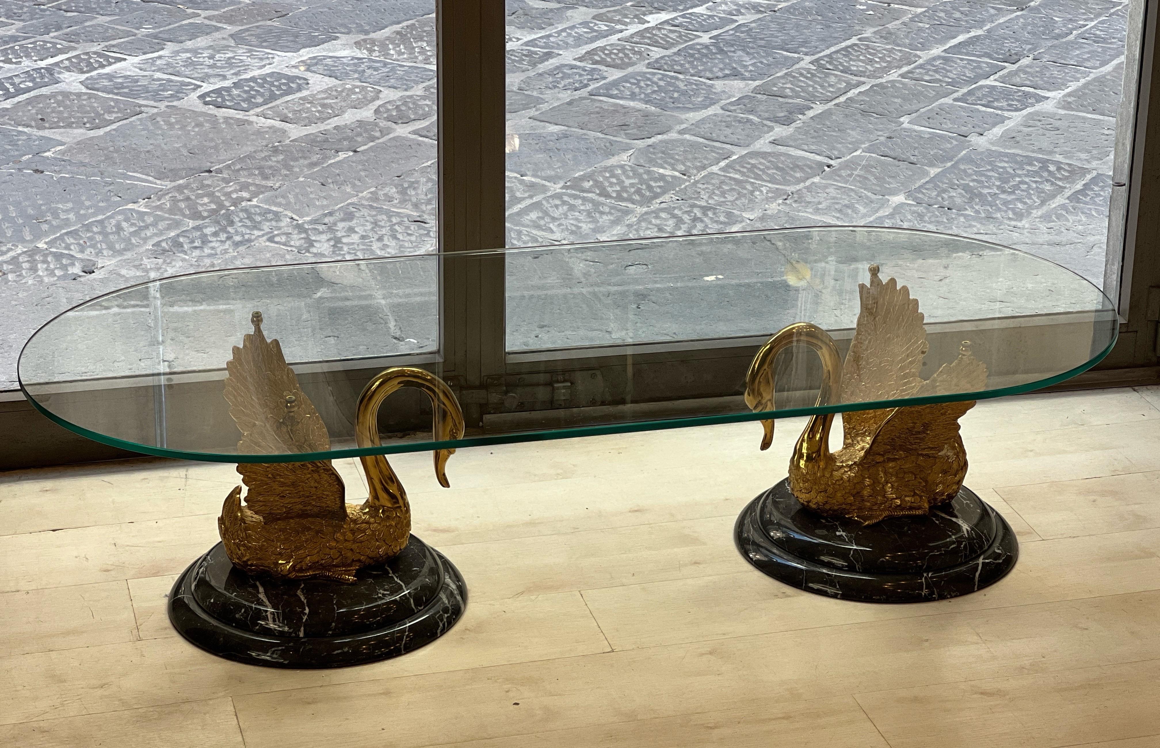 Italian Sculptural Bronze and Marble Swan Statues Coffee Table 1950 6