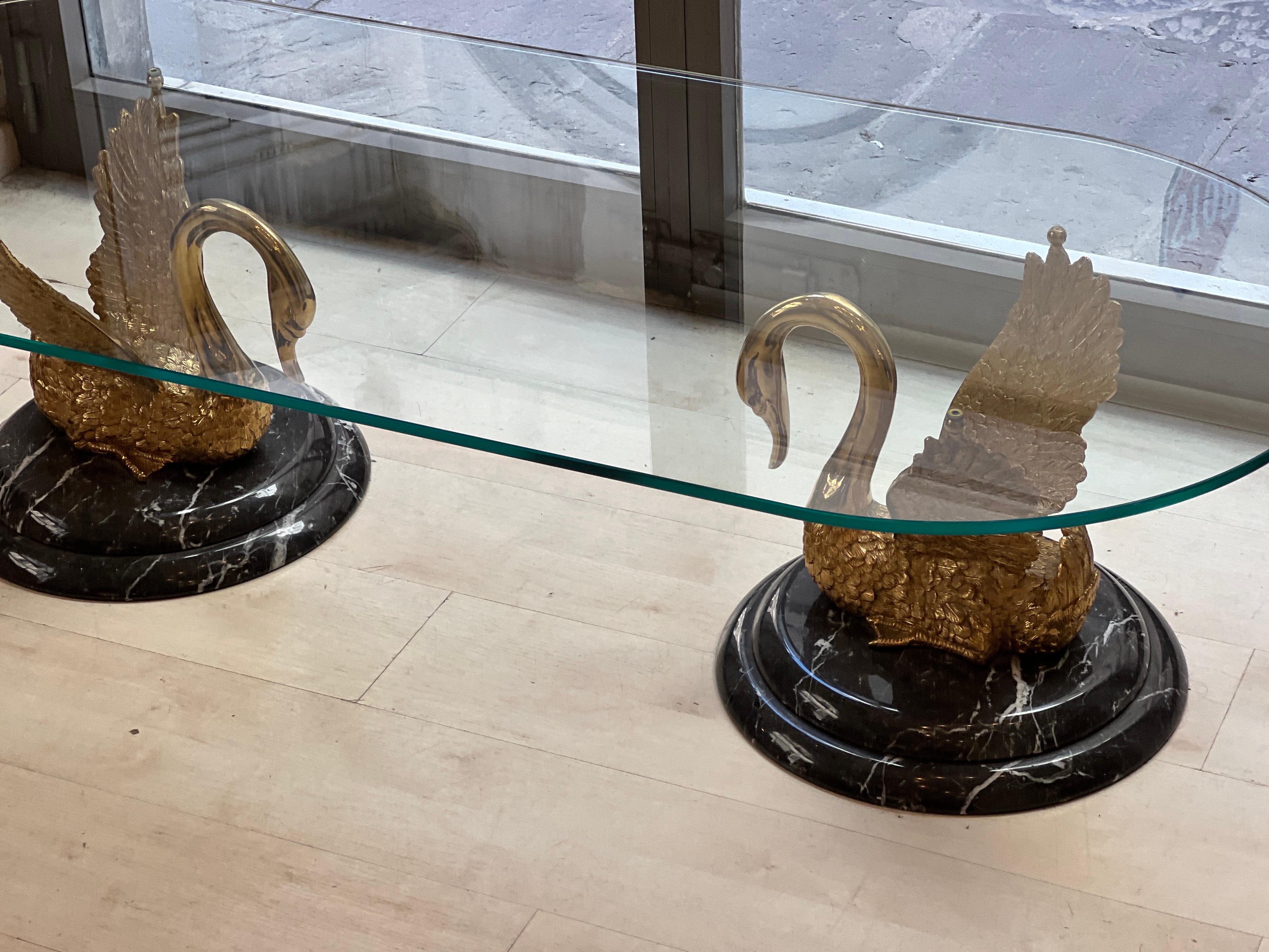 Italian Sculptural Bronze and Marble Swan Statues Coffee Table 1950 8