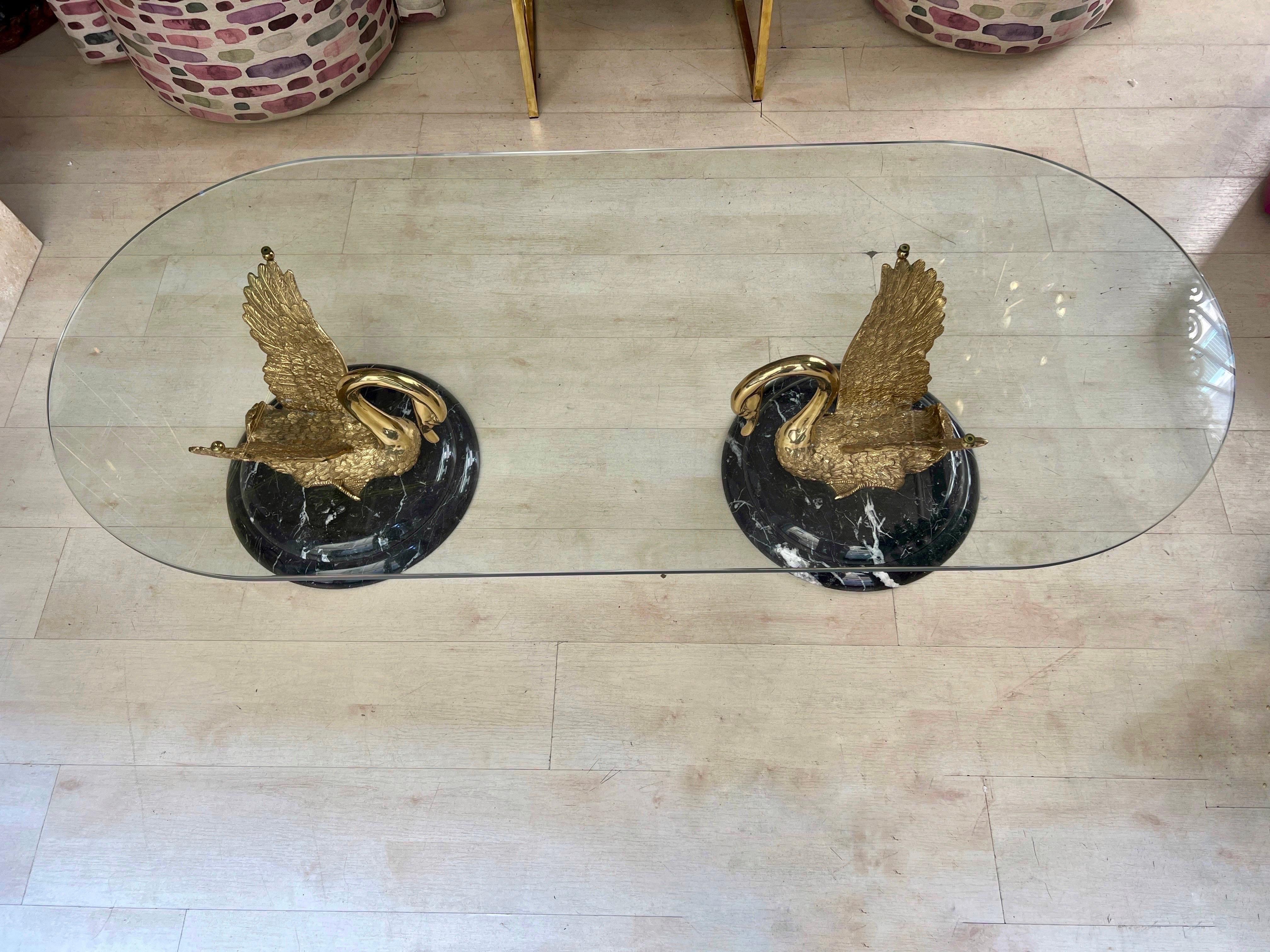 20th Century Italian Sculptural Bronze and Marble Swan Statues Coffee Table 1950