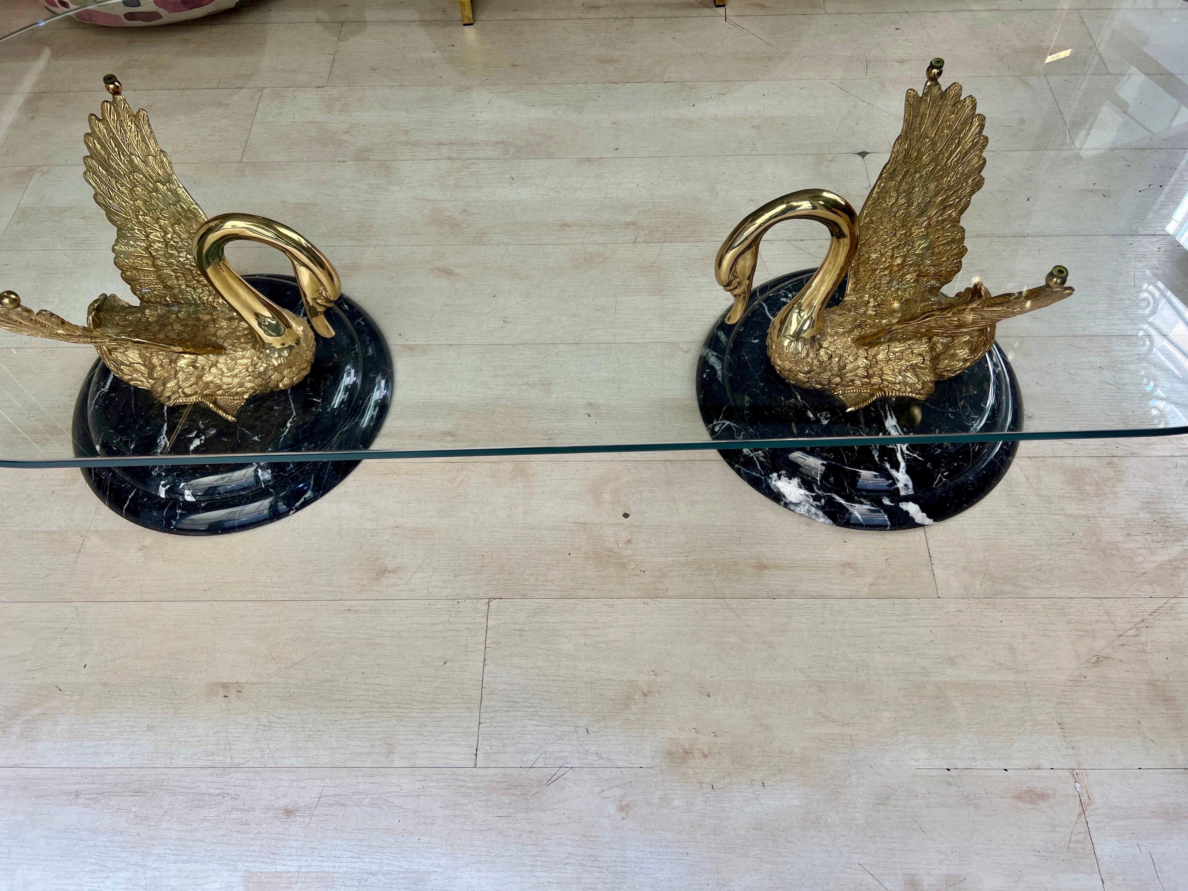 Italian Sculptural Bronze and Marble Swan Statues Coffee Table 1950 1