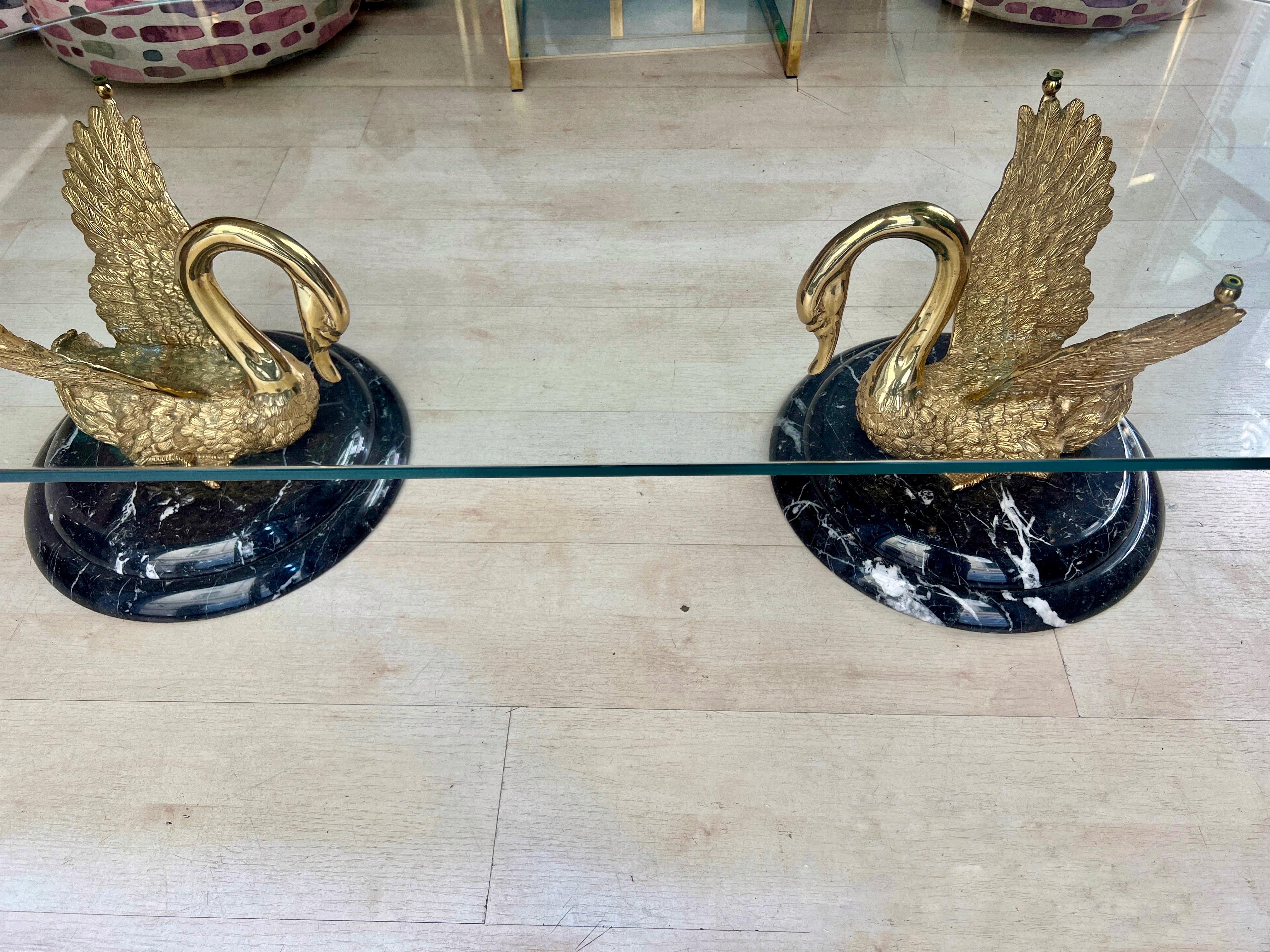 Italian Sculptural Bronze and Marble Swan Statues Coffee Table 1950 2