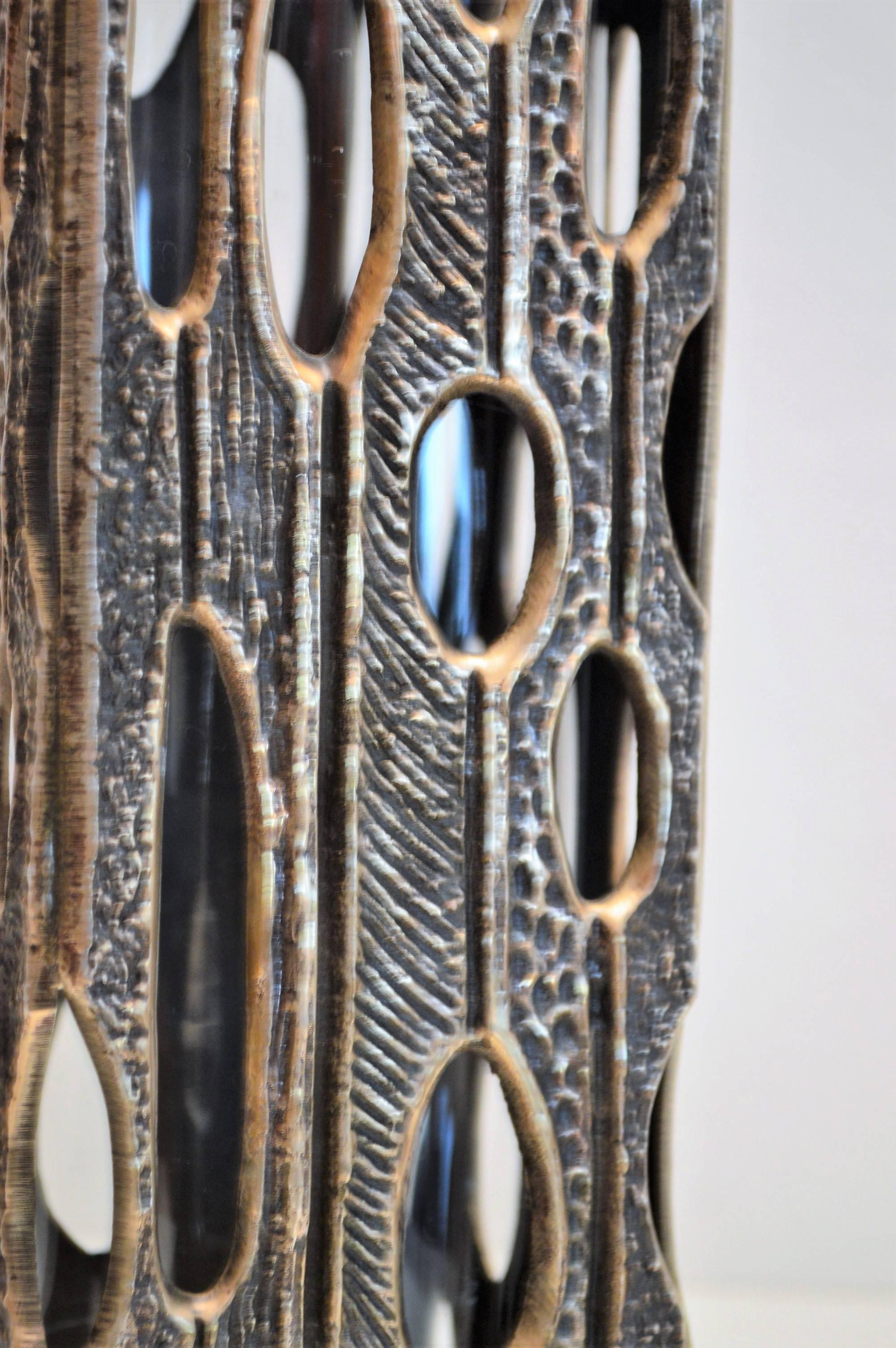 Italian Sculptural Brutalist Bronze and Glass Vase, 1960s 4