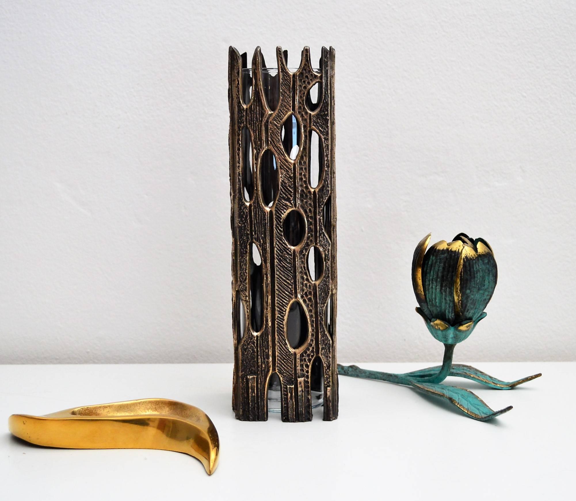 Mid-Century Modern Italian Sculptural Brutalist Bronze and Glass Vase, 1960s